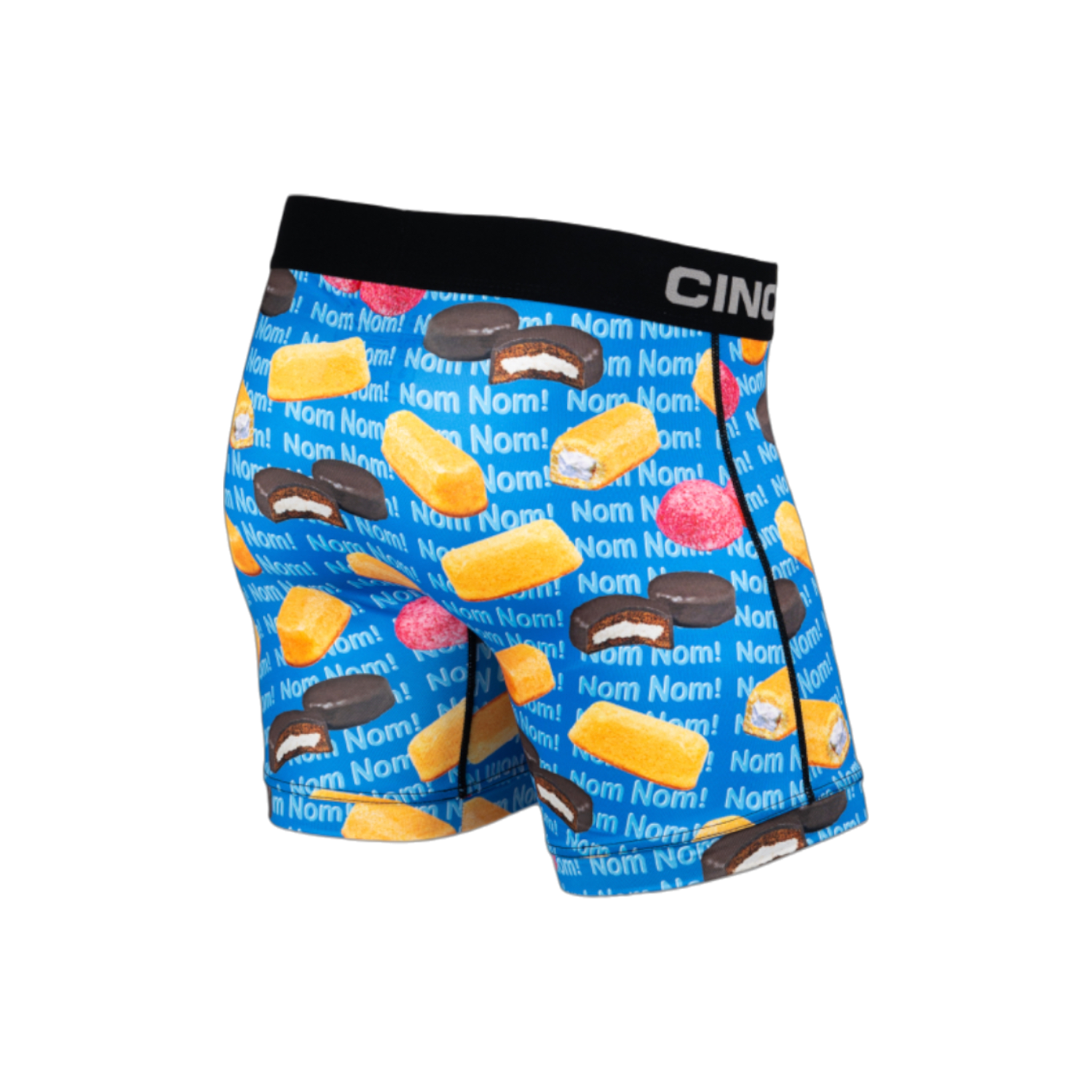 Side view of men's Cinch underwear with a black waistband, featuring an all-over 'sweet treat' pattern with the words "Nom Nom!" repeated in the background