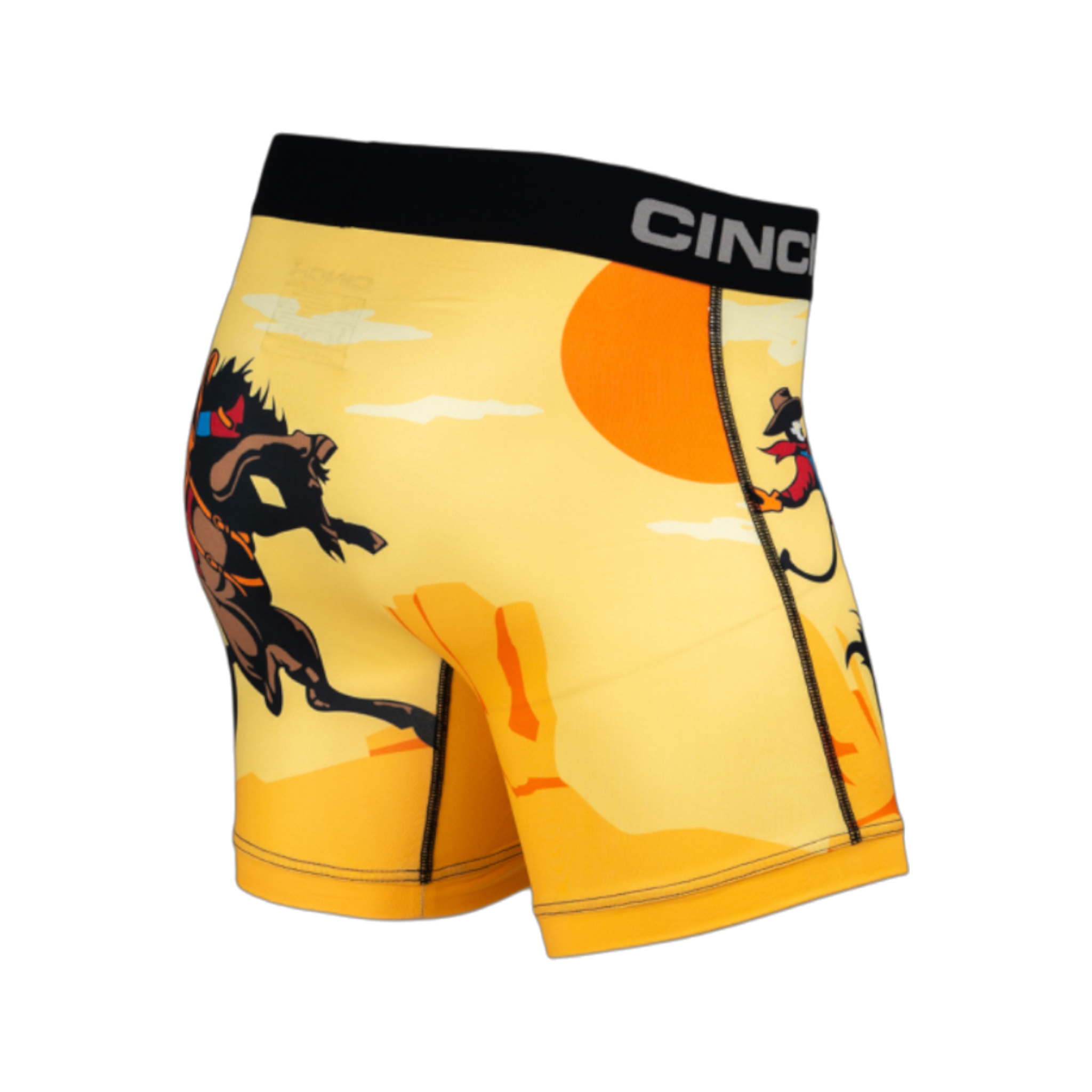 Side view of men's Cinch underwear with a black waistband, featuring a cowboy riding a bucking bronco in the desert on a yellow background