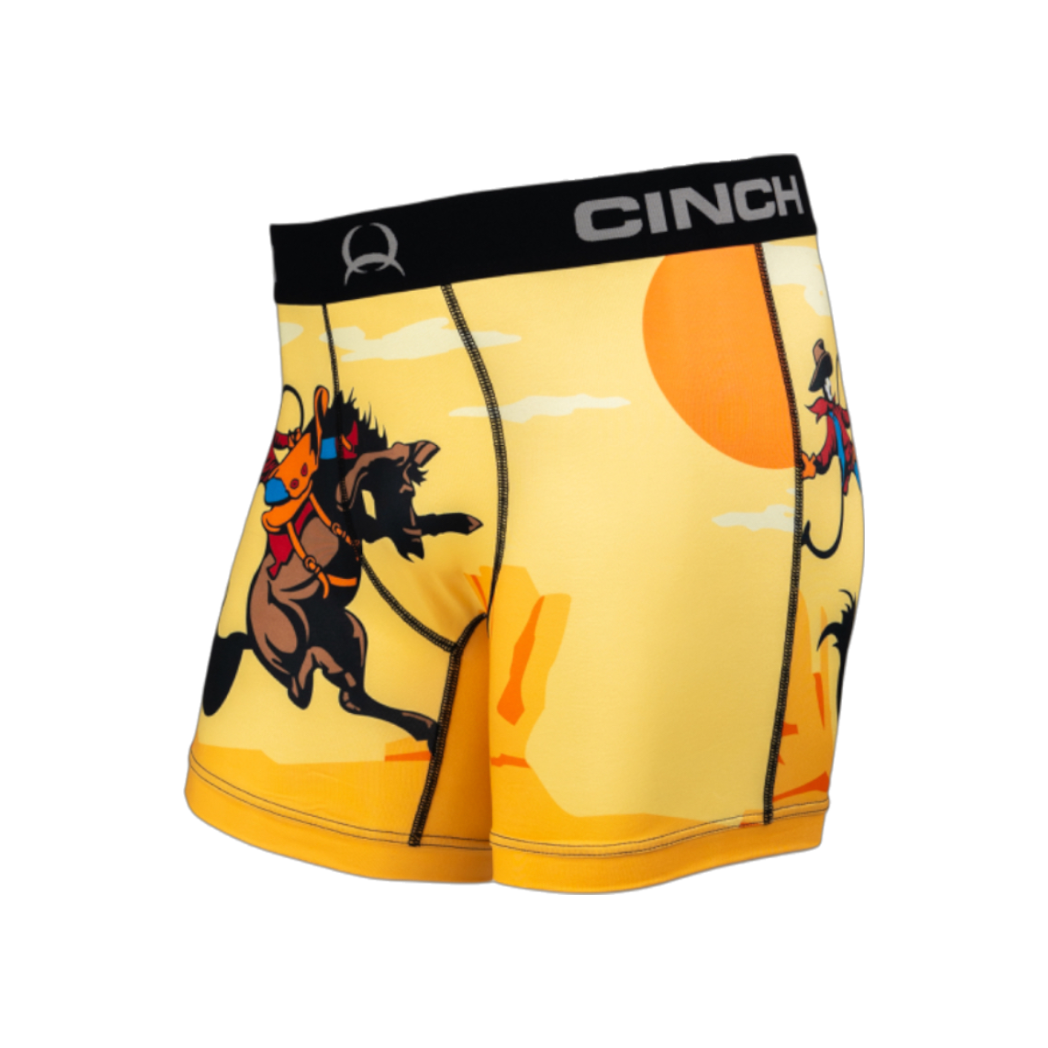 Side view of men's Cinch underwear with a black waistband, featuring a cowboy riding a bucking bronco in the desert on a yellow background
