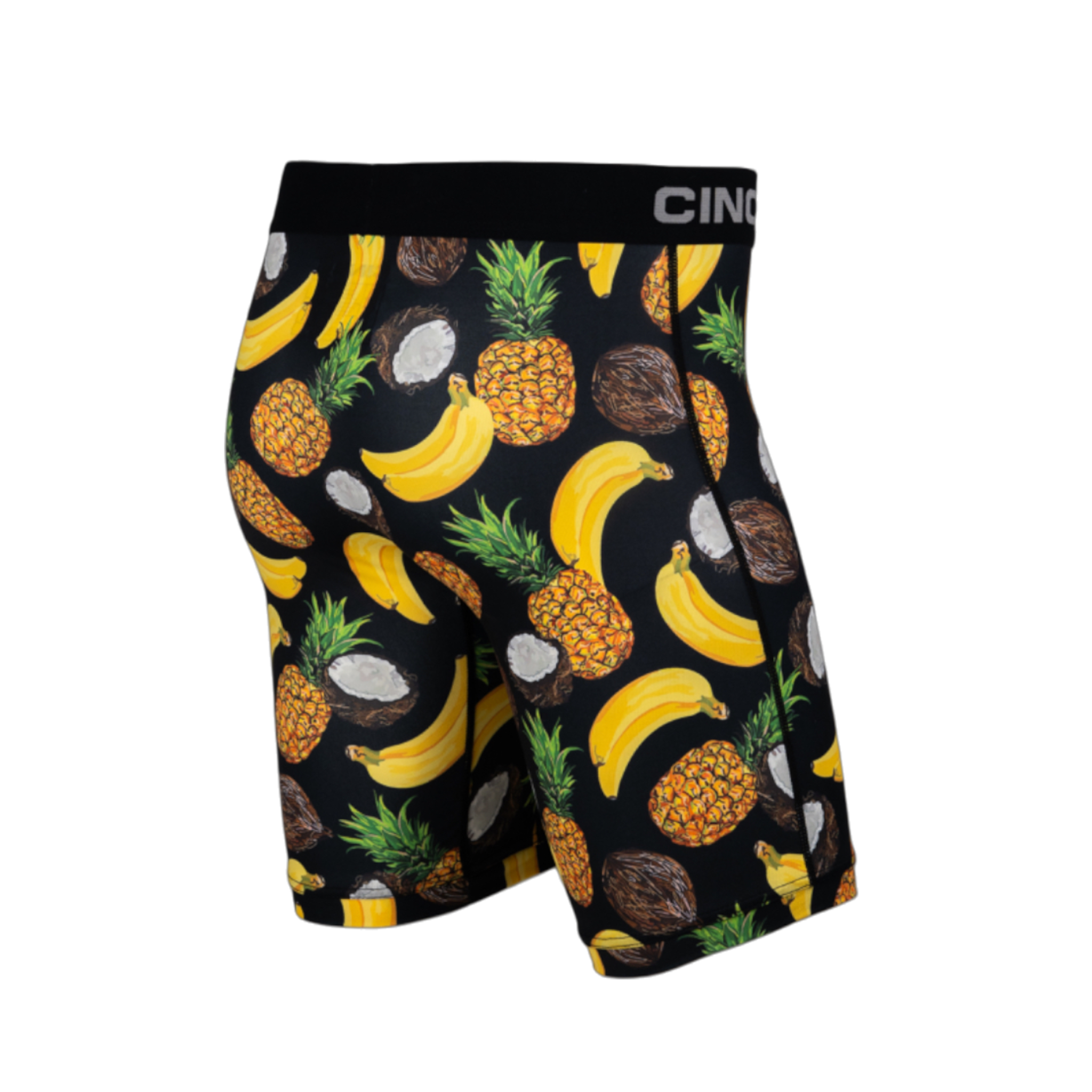Back view of men's Cinch underwear with a black waistband, featuring an all-over banana, pineapple and coconut pattern