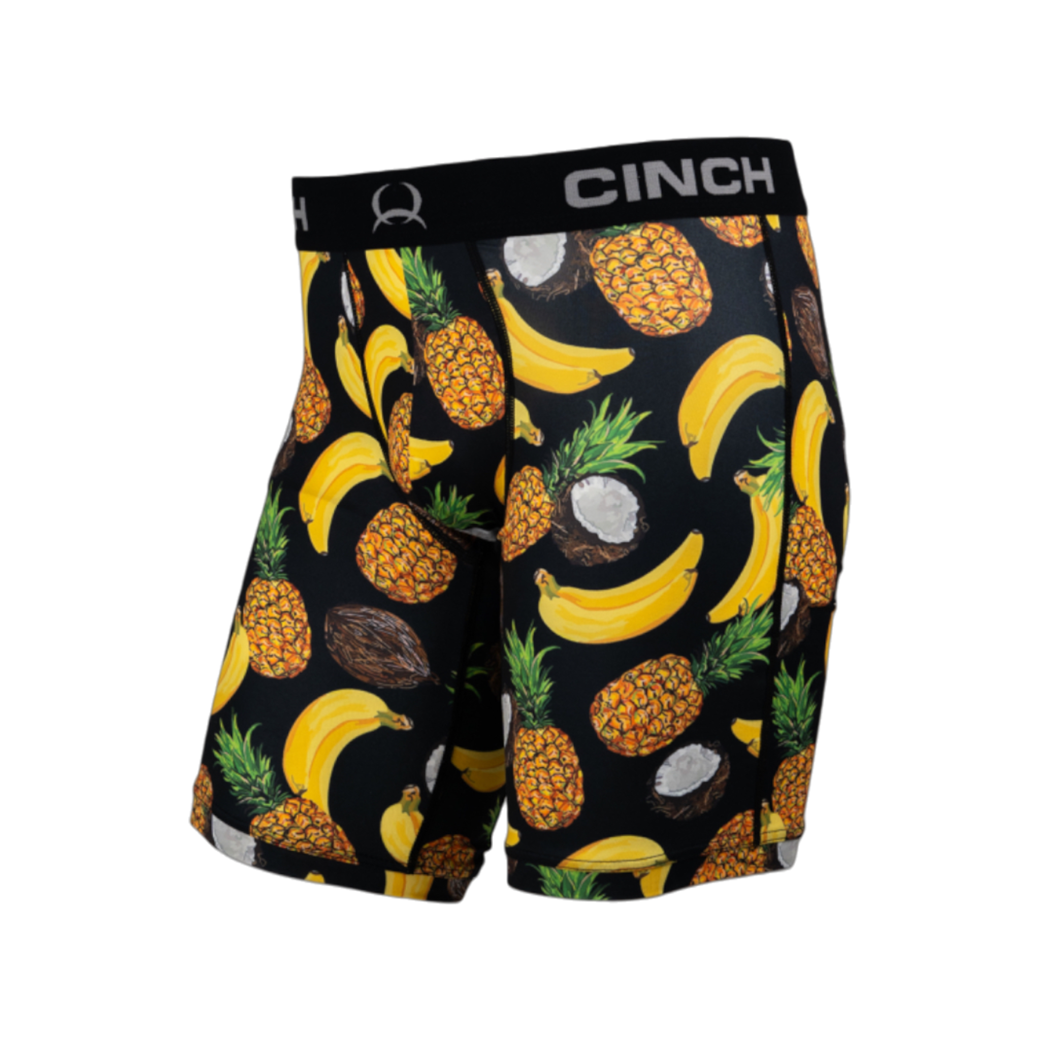 Front view of men's Cinch underwear with a black waistband, featuring an all-over banana, pineapple and coconut pattern