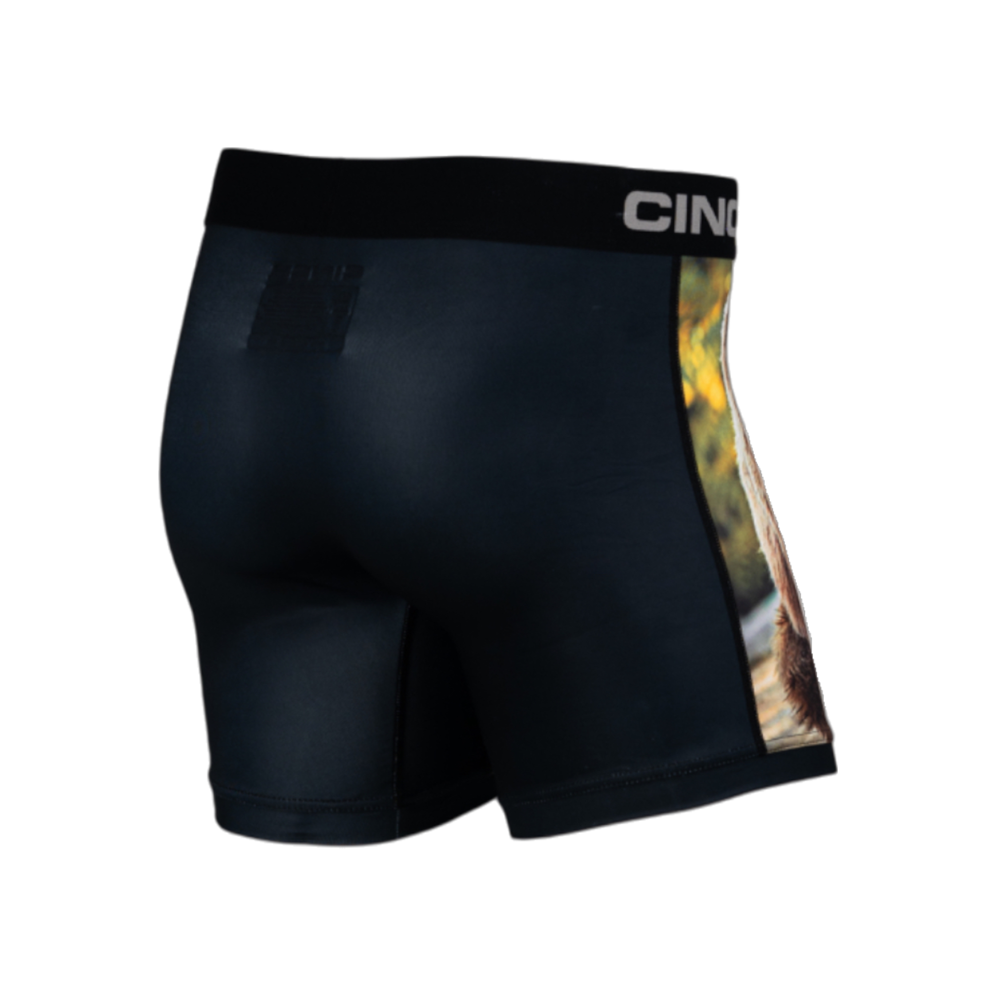 Side view of men's Cinch underwear with a black waistband, featuring a plain black back, and image of a grizzly bear on the front