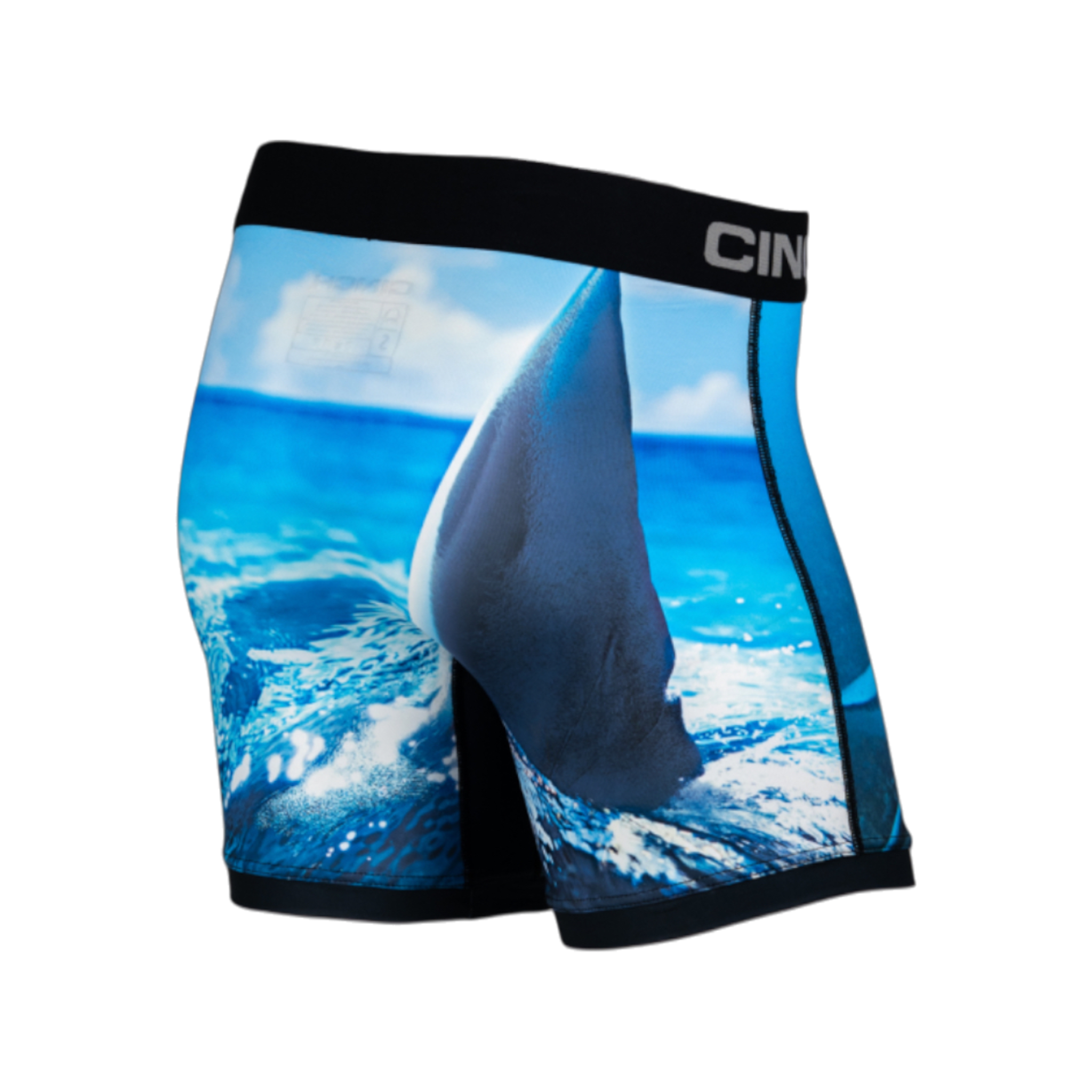 Back view of men's Cinch underwear with a black waistband, featuring a picture of a shark fin in the ocean