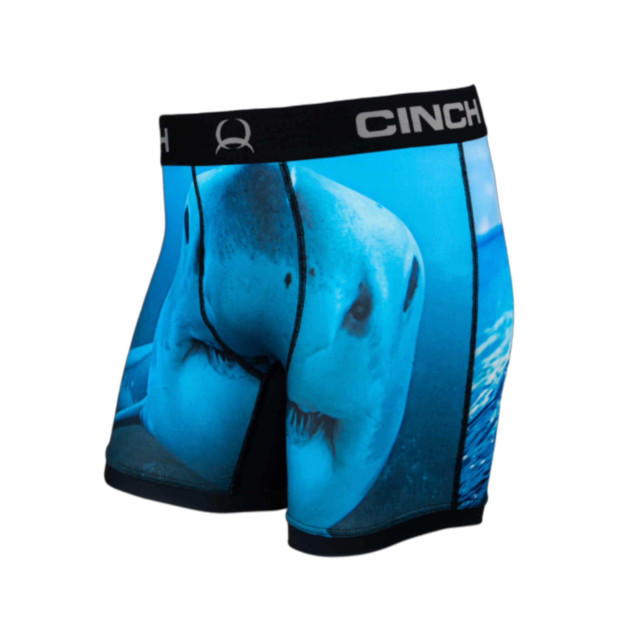 Front view of men's Cinch underwear with a black waistband, featuring a picture of a shark in the ocean