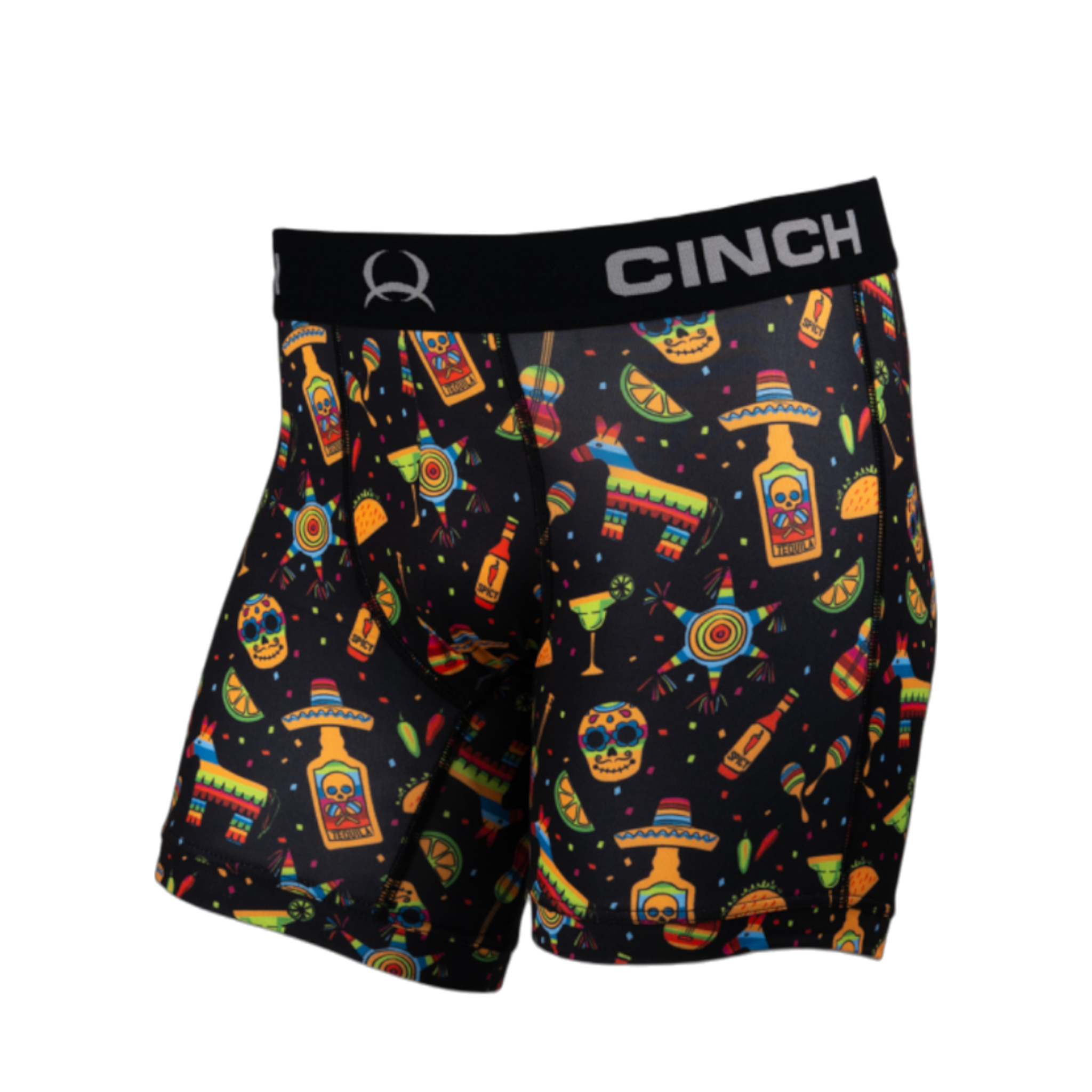 Front view of men's Cinch underwear with a black waistband, featuring an all-over 'fiesta' pattern on a black background