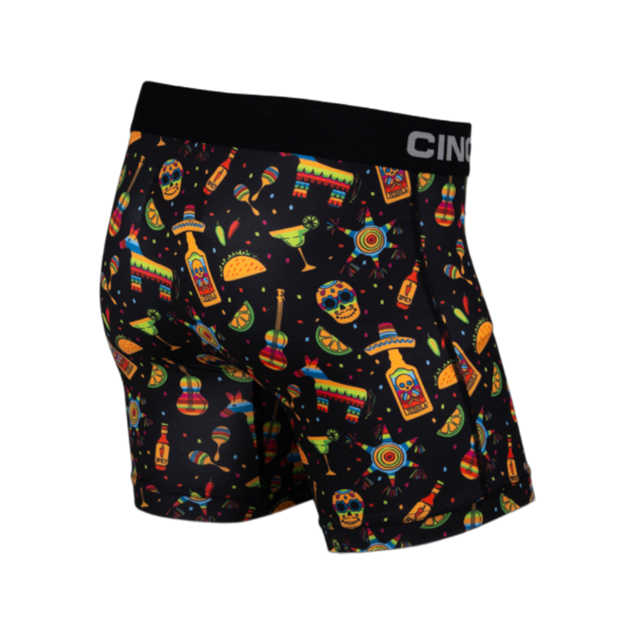 Back view of men's Cinch underwear with a black waistband, featuring an all-over 'fiesta' pattern on a black background