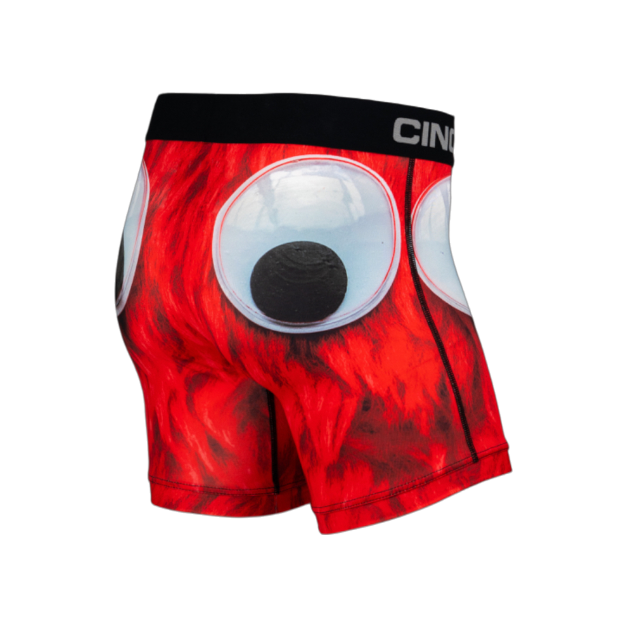 Side view of men's Cinch underwear with a black waistband, featuring a picture of a red monster with large googly eyes