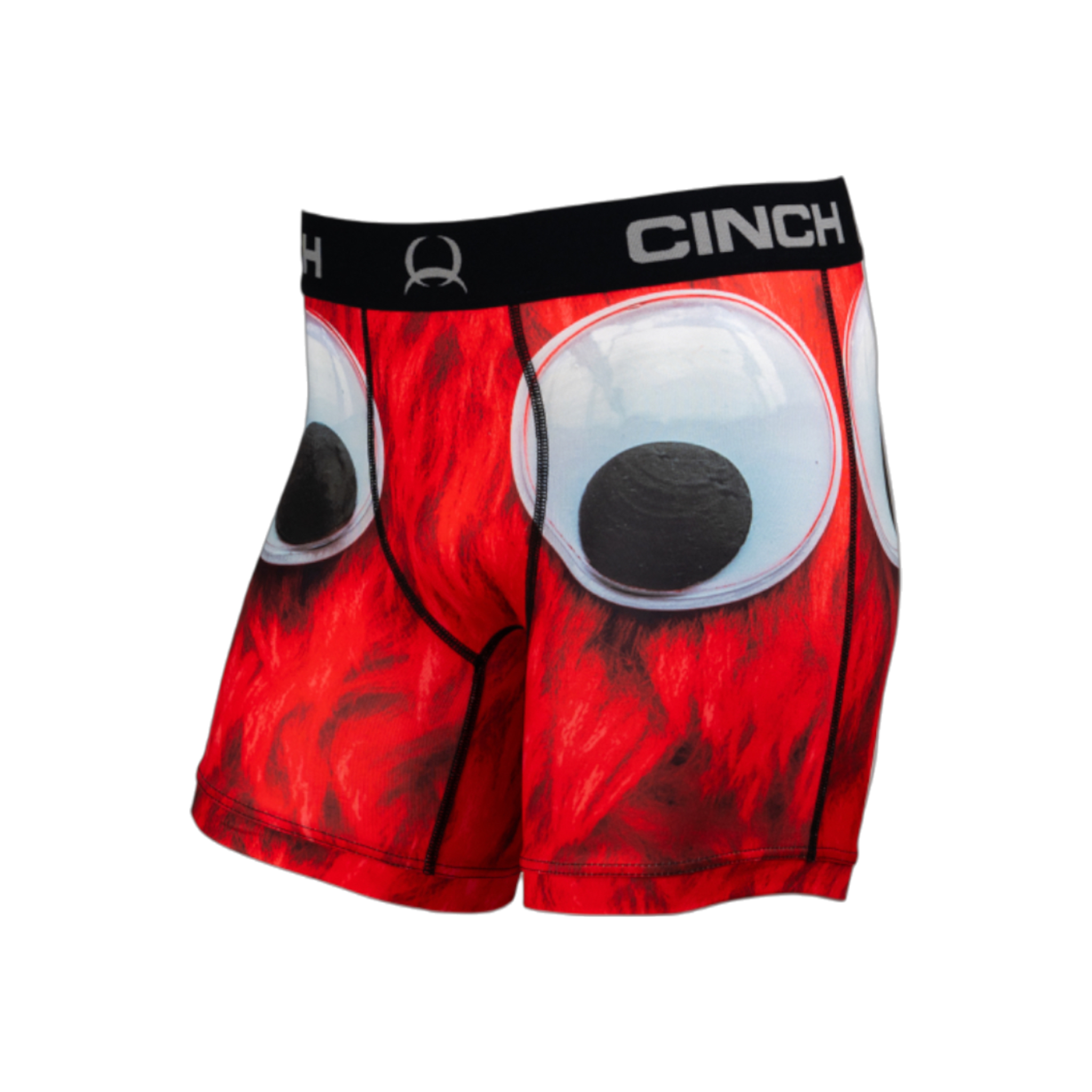 Side view of men's Cinch underwear with a black waistband, featuring a picture of a red monster with large googly eyes