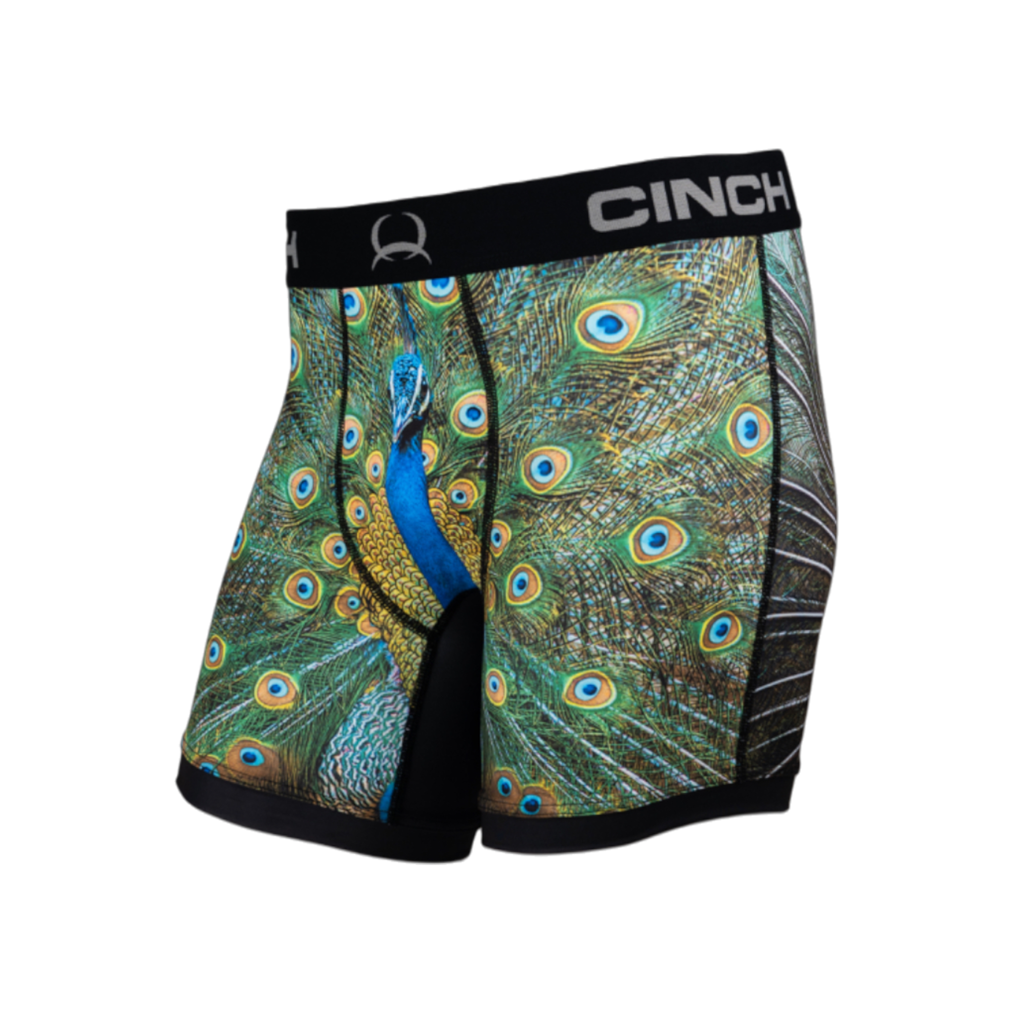 Side view of men's Cinch underwear with a black waistband and featuring a picture of a peacock
