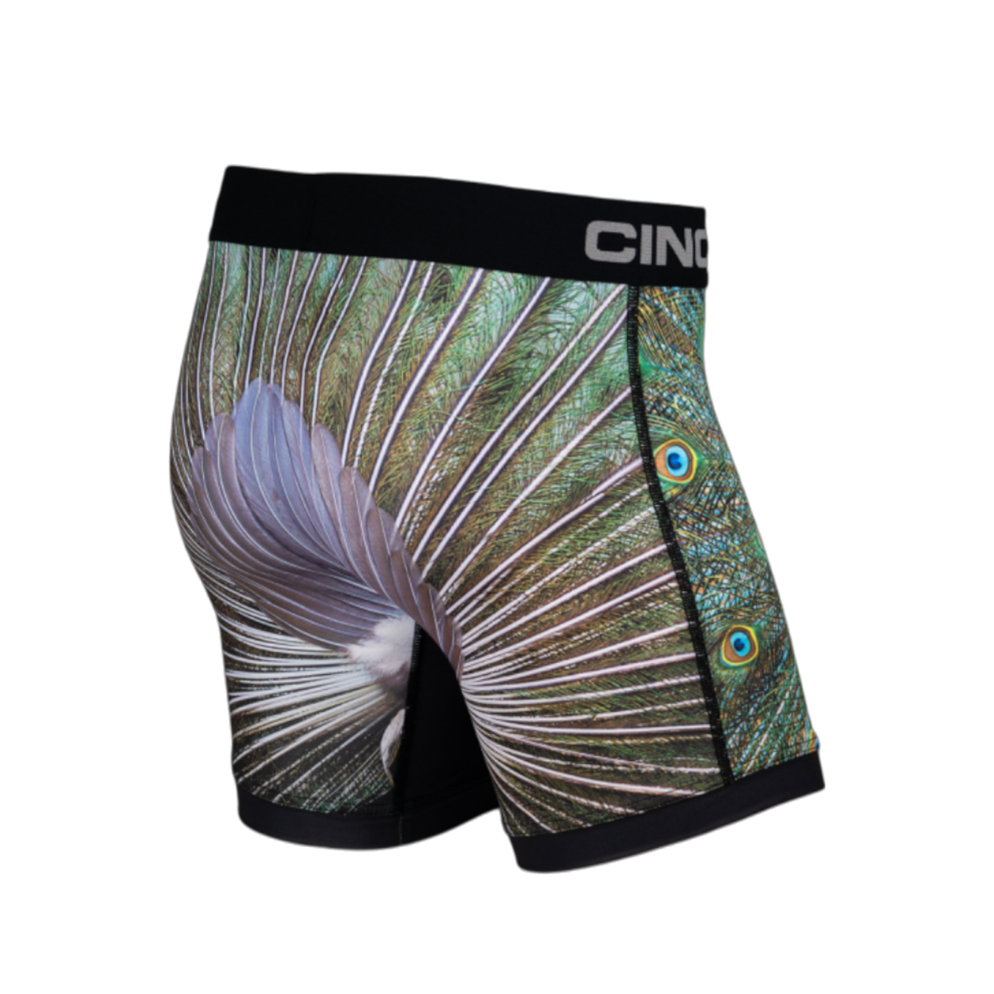 Side view of men's Cinch underwear with a black waistband and featuring a picture of a peacock's tail fathers