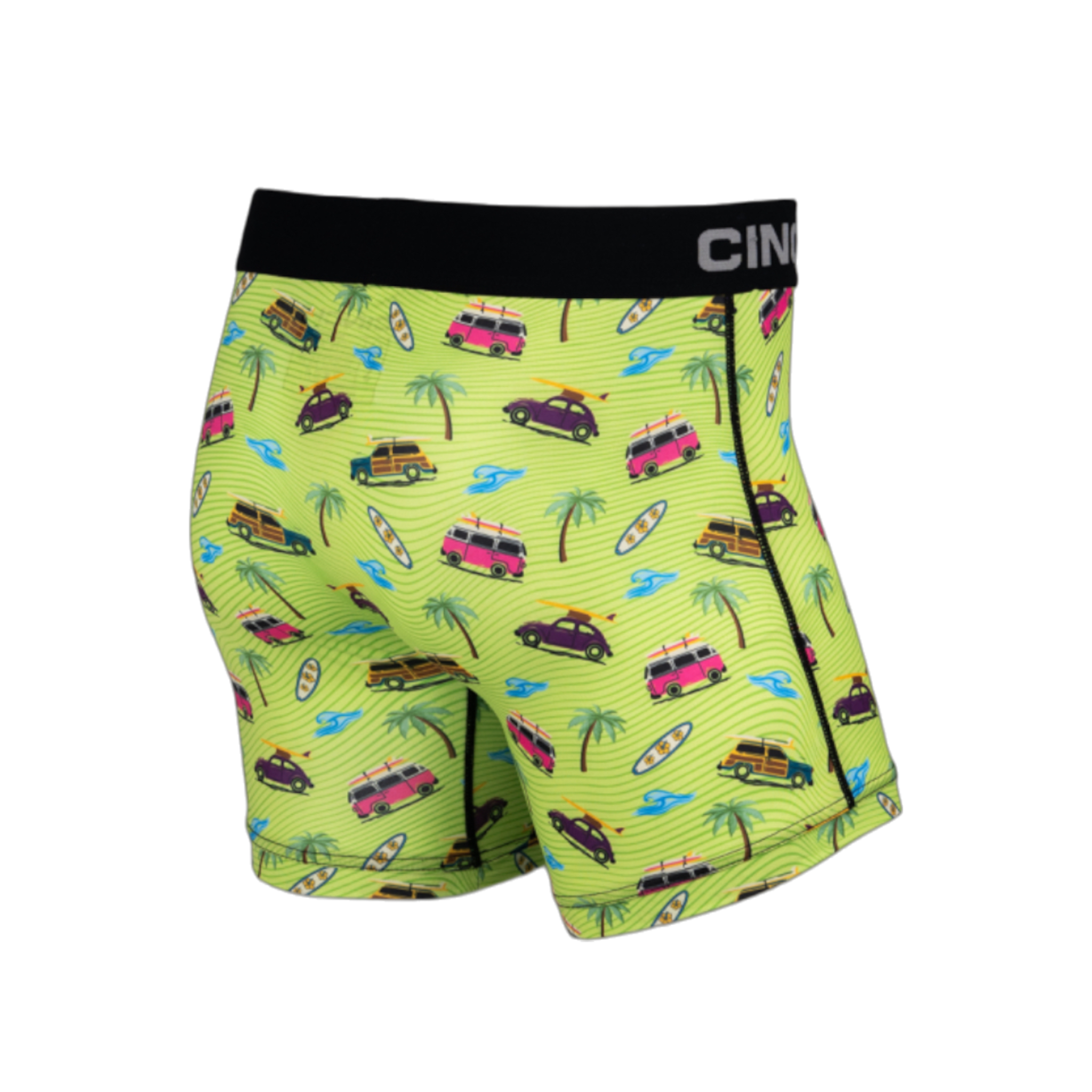 Side/back view of men's Cinch underwear with a black waistband, featuring an all-over 'cars with surfboards on them with palm trees and waves' pattern on a green background