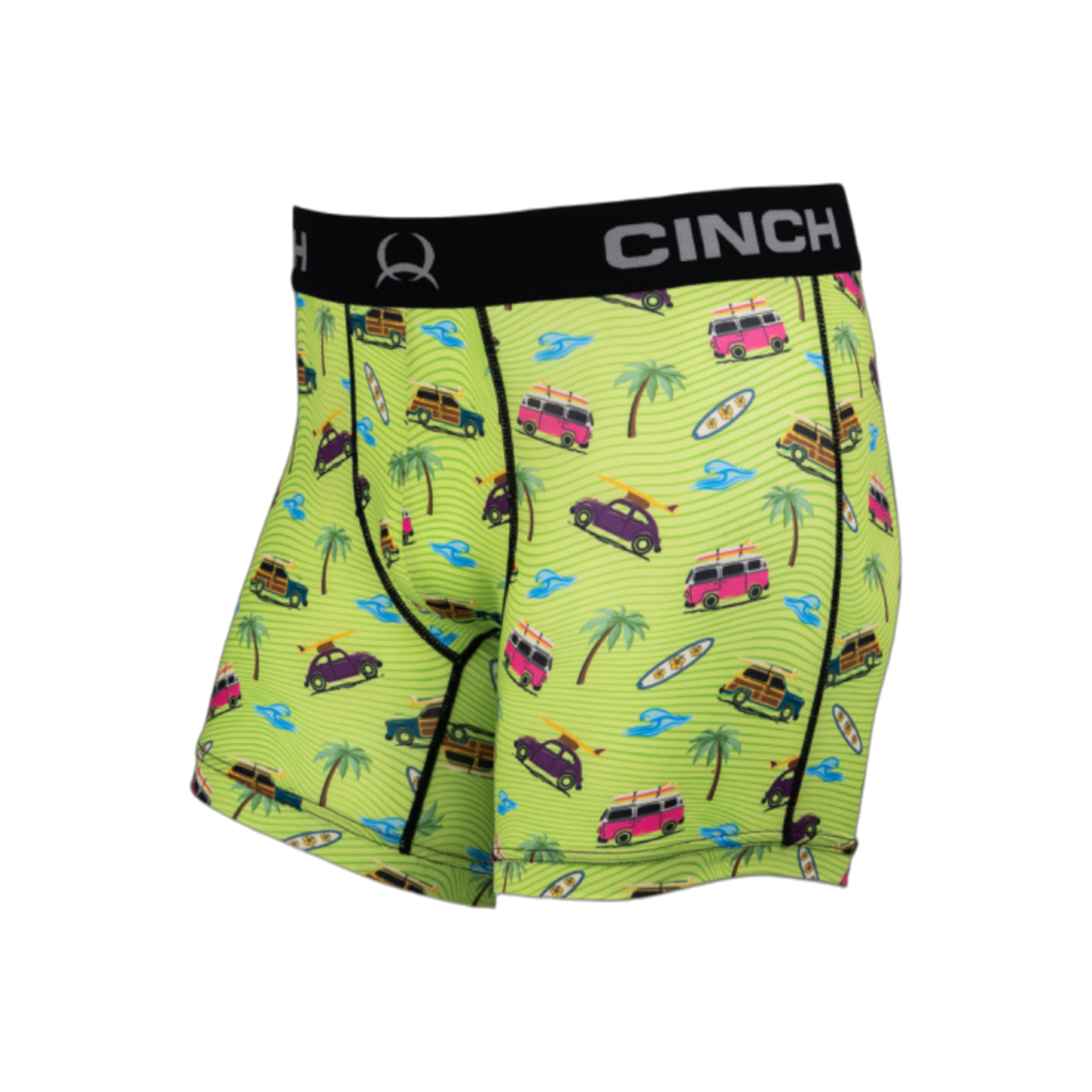 Side view of men's Cinch underwear with a black waistband, featuring an all-over 'cars with surfboards on them with palm trees and waves' pattern on a green background