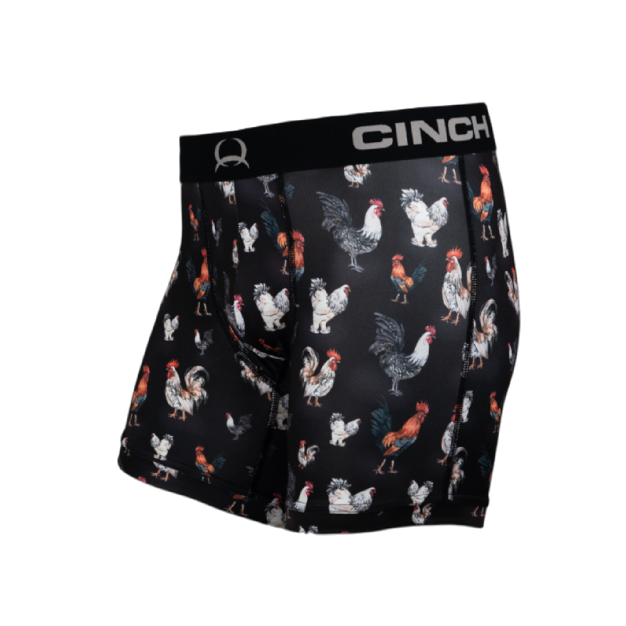 Front view of men's Cinch underwear with a black waistband, featuring an all-over 'rooster' pattern on a black background