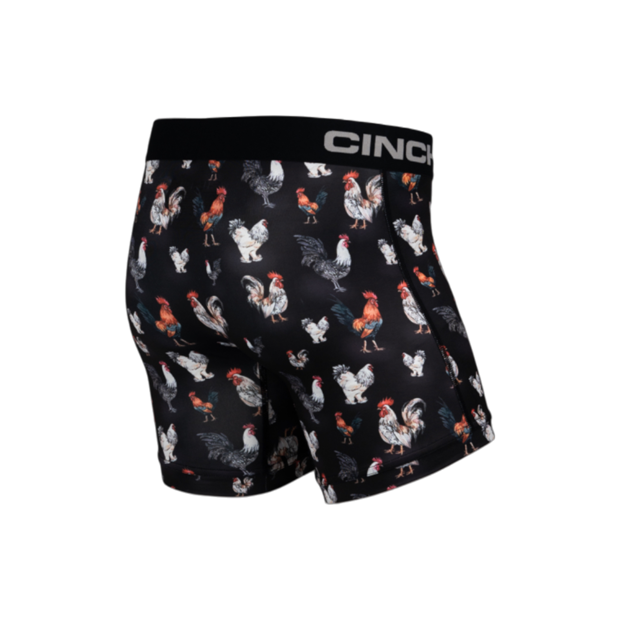 Back view of men's Cinch underwear with a black waistband, featuring an all-over 'rooster' pattern on a black background