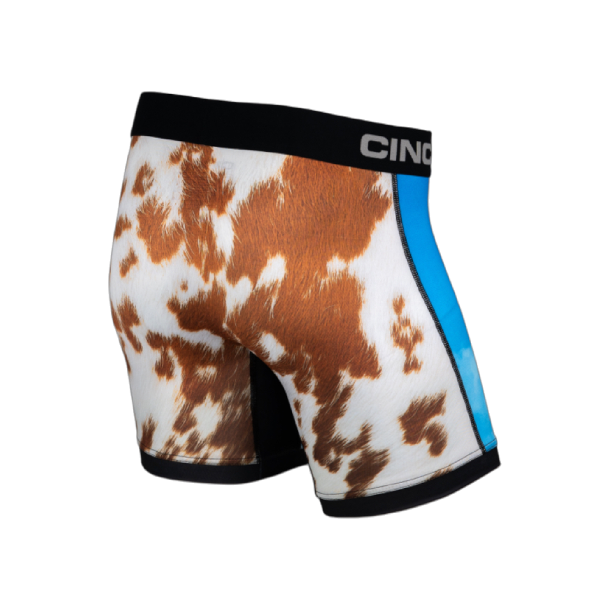 Side view of men's Cinch underwear with a black waistband, featuring an all-over cow print on the back
