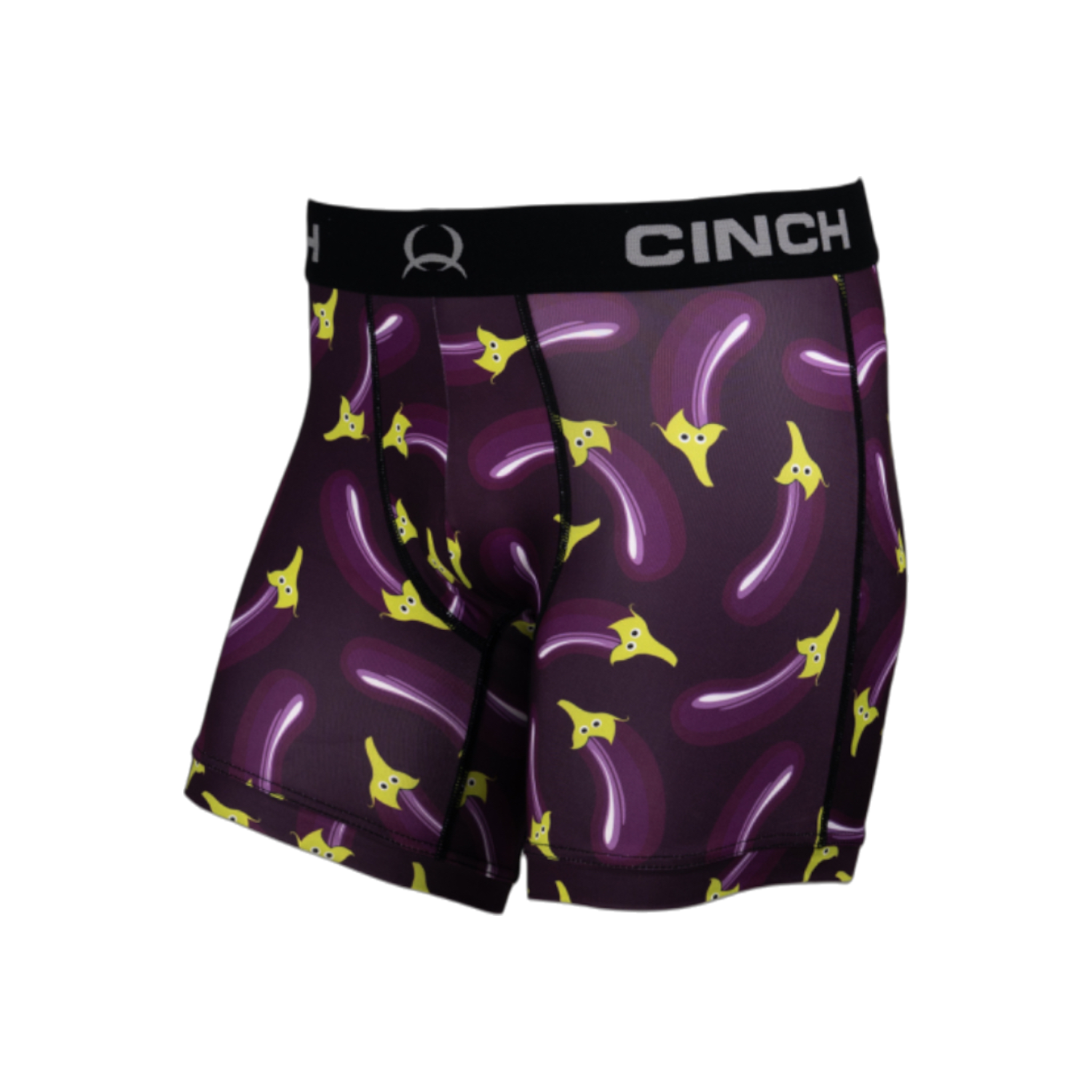 Front view of men's Cinch underwear with a black waistband, featuring an all-over 'eggplant' pattern on a purple background
