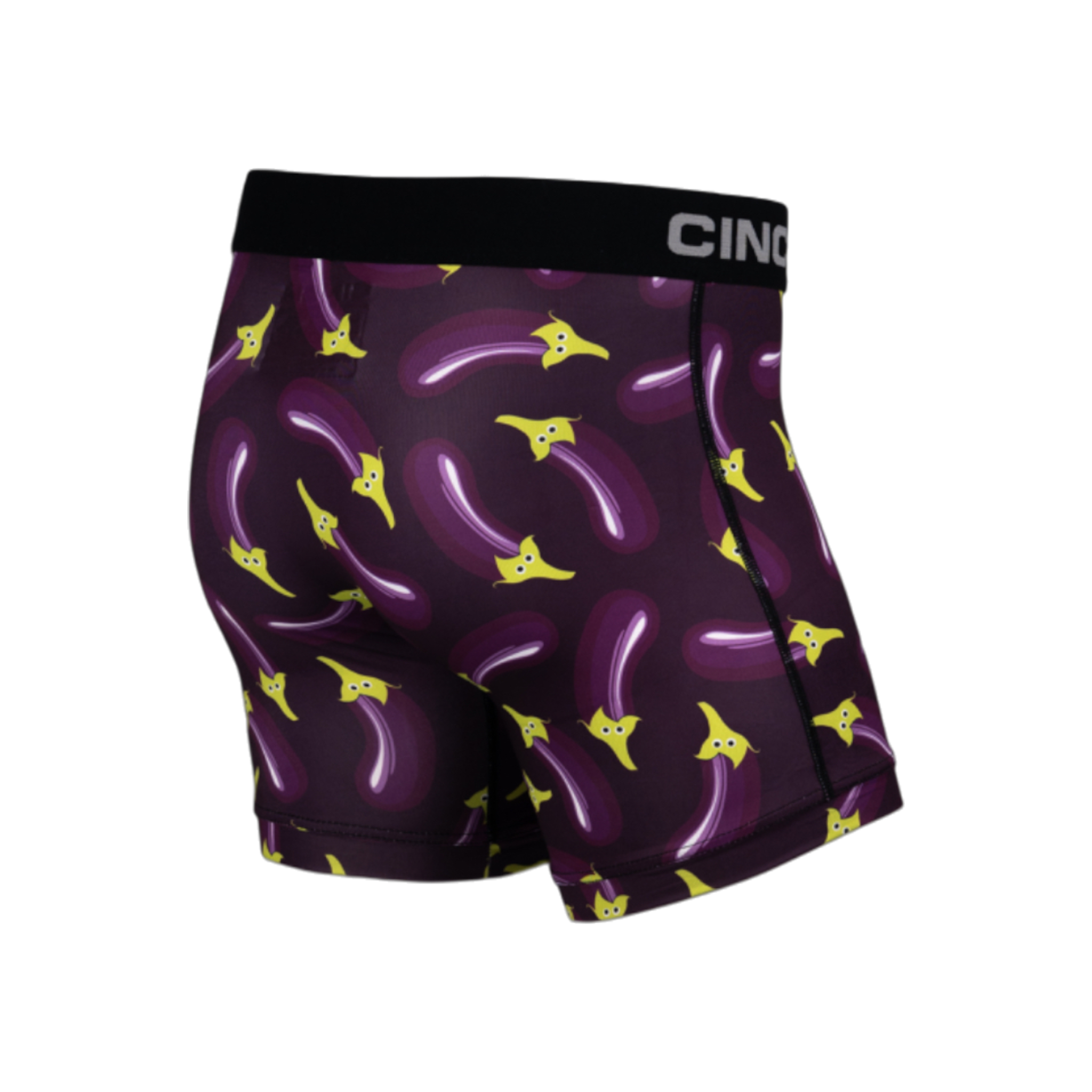 Back/side view of men's Cinch underwear with a black waistband, featuring an all-over 'eggplant' pattern on a purple background
