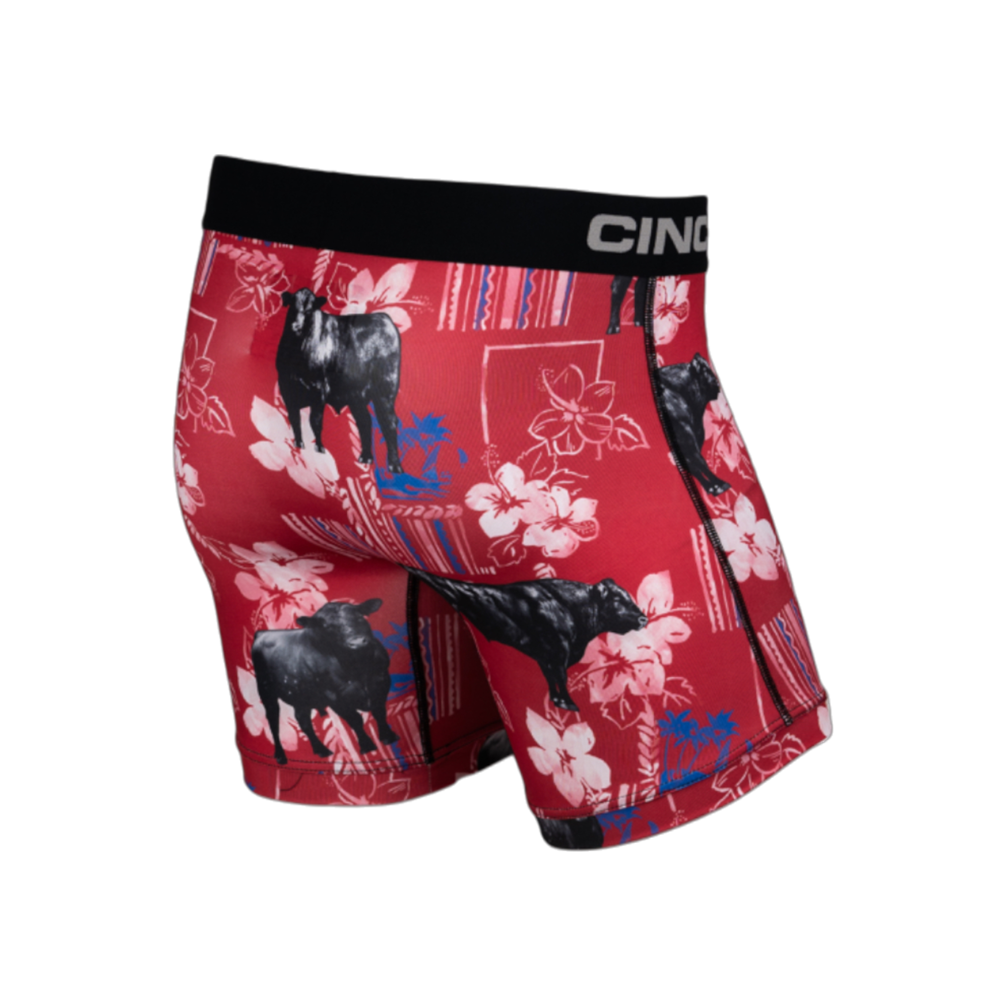 Back view of men's Cinch underwear with a black waistband, featuring an all-over 'cows and flowers' pattern on a red background