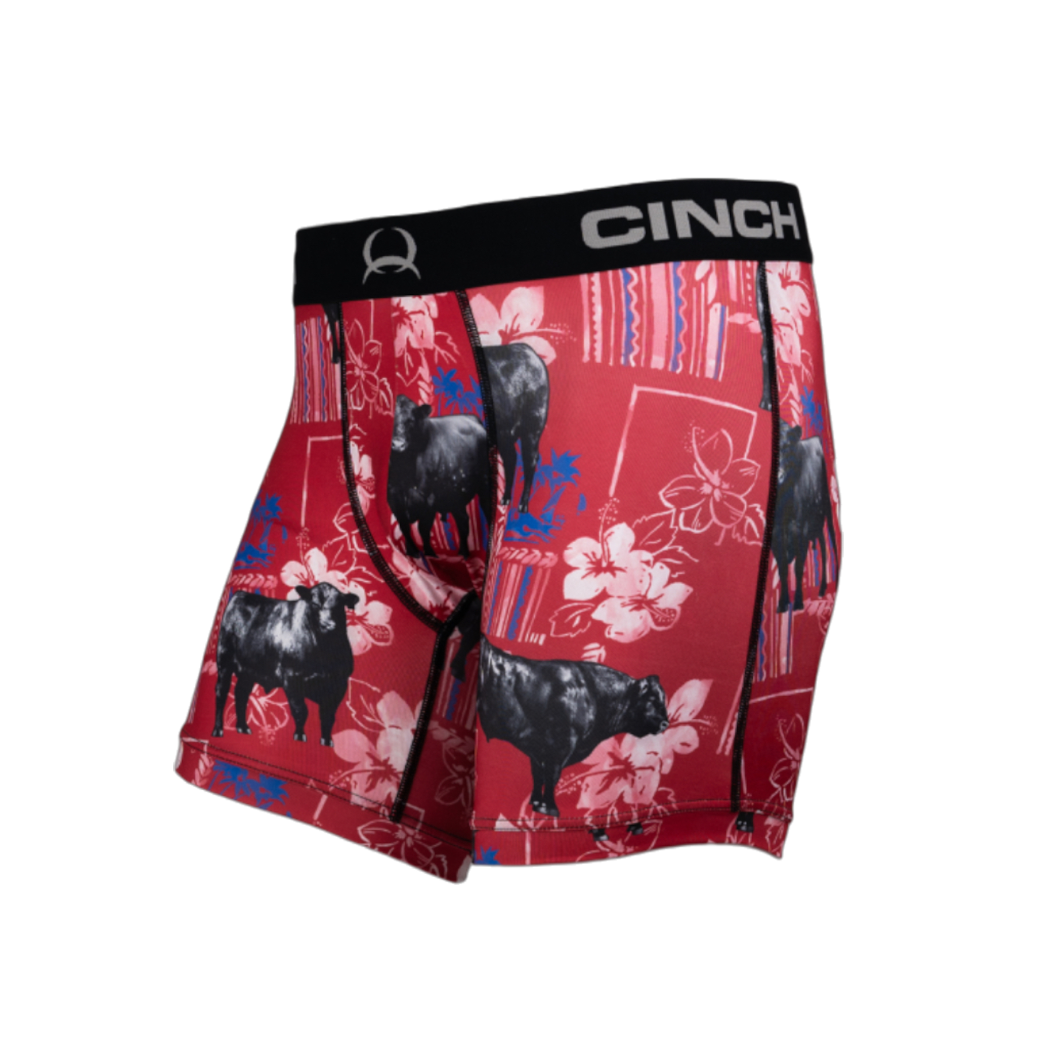 Front view of men's Cinch underwear with a black waistband, featuring an all-over 'cows and flowers' pattern on a red background