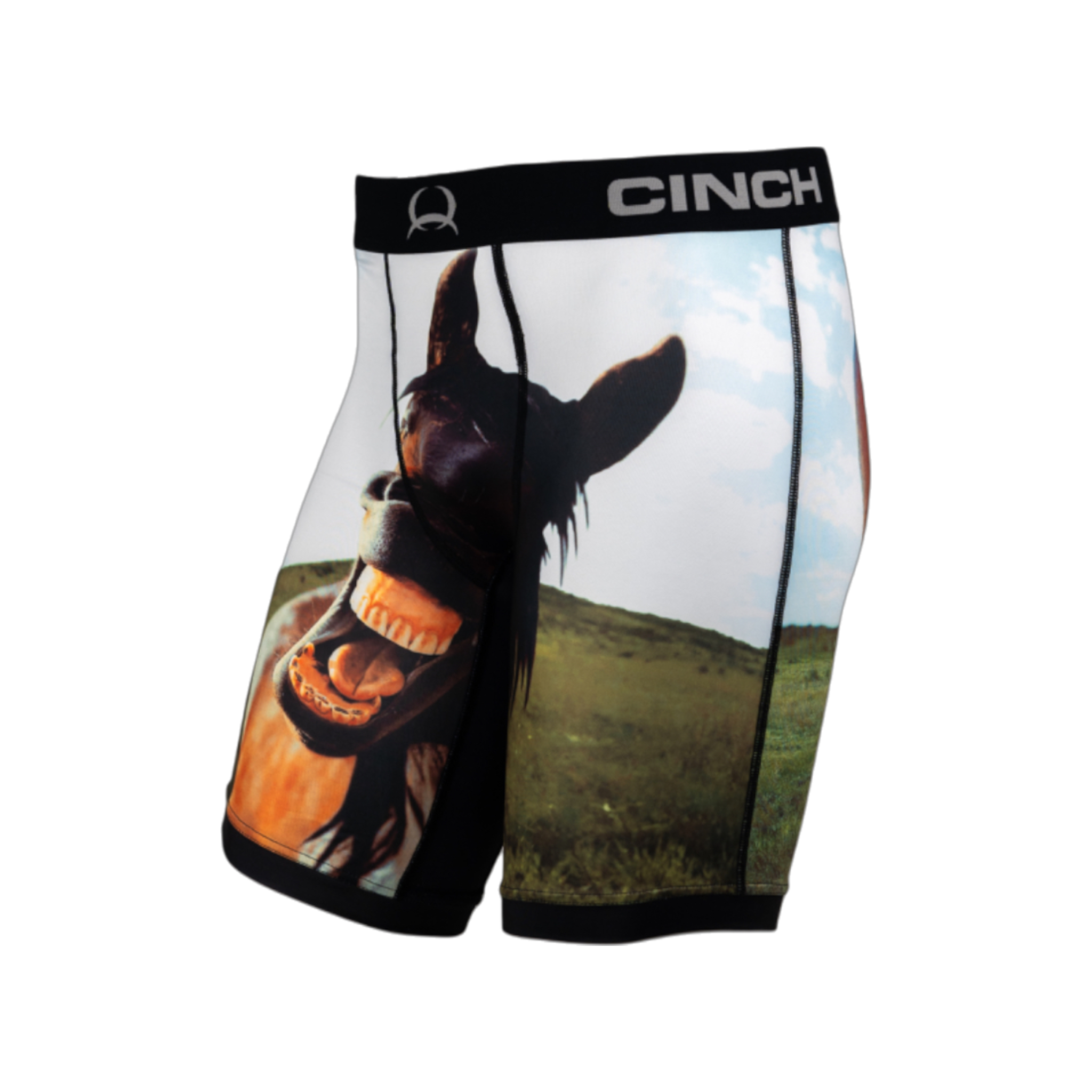 Side view of men's Cinch underwear with a black waistband, featuring a picture of a horse