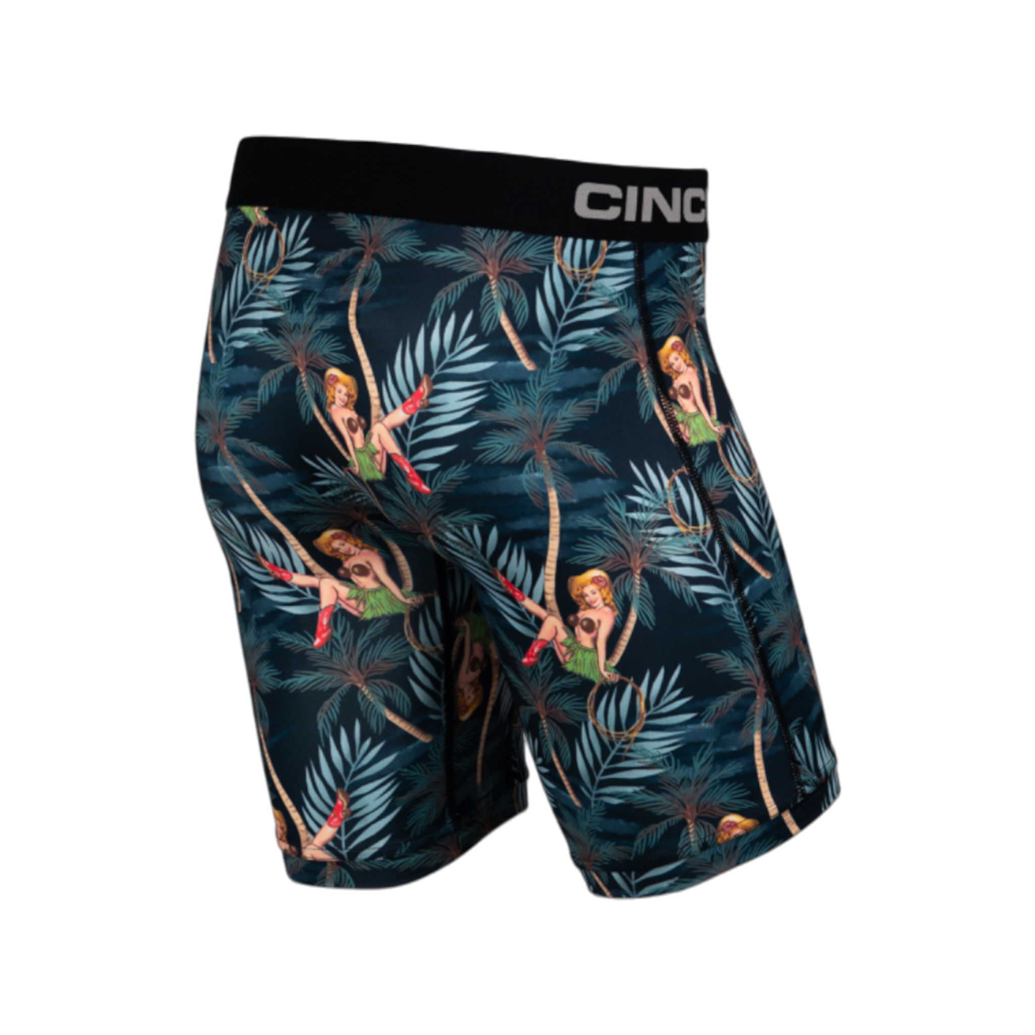 Back view of men's Cinch underwear with a black waistband, featuring an all-over tropical pattern with girls sitting by palm trees