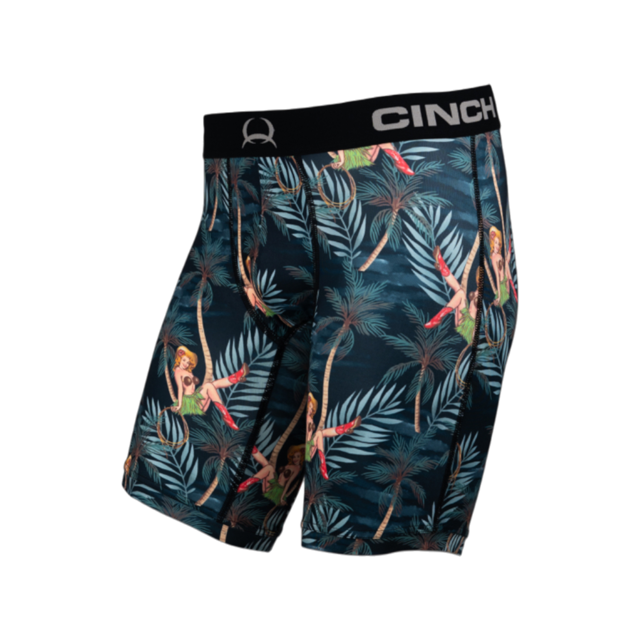 Front view of men's Cinch underwear with a black waistband, featuring an all-over tropical pattern with girls sitting by palm trees