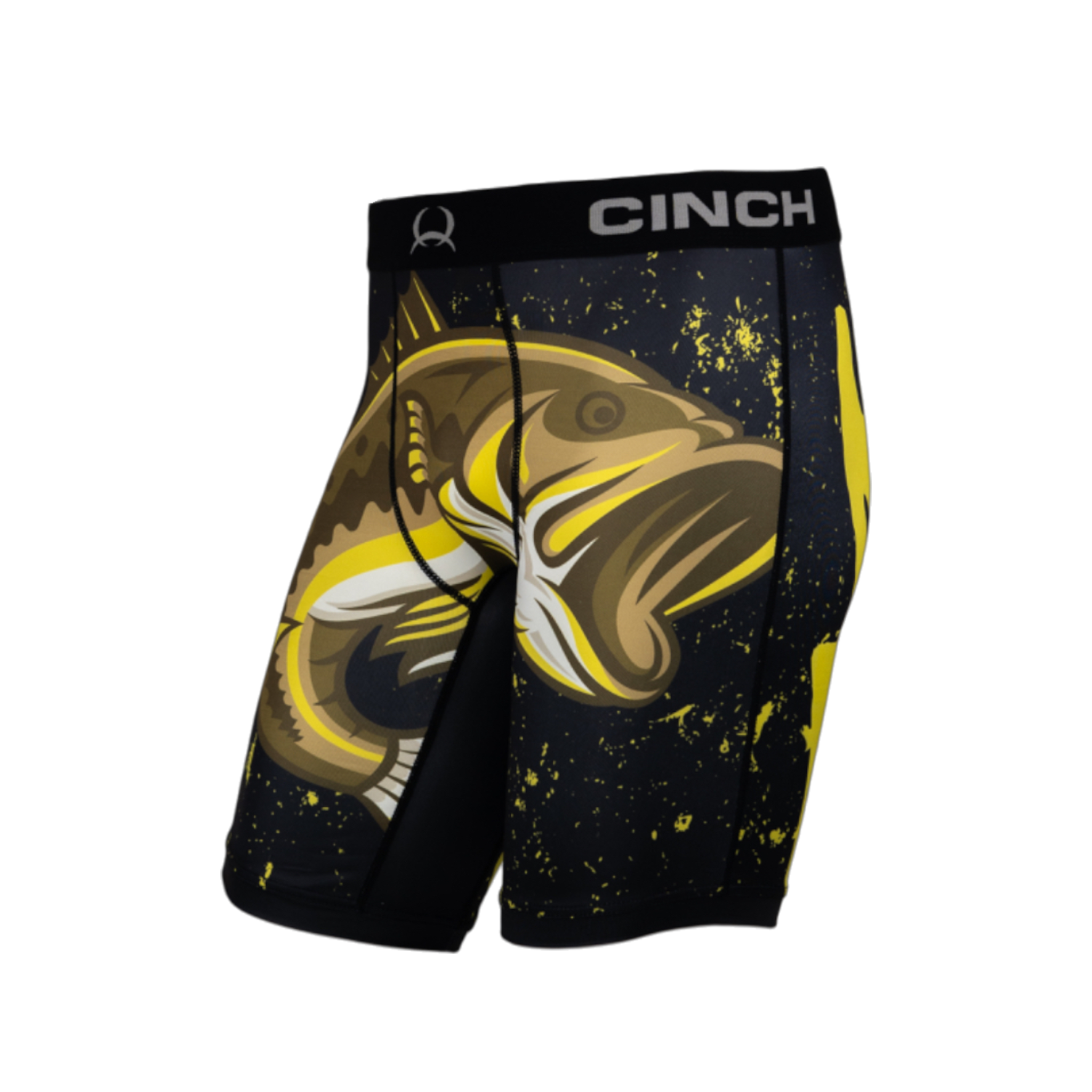 Front/Side view of men's Cinch underwear with a black waistband, featuring a picture of a bass fish