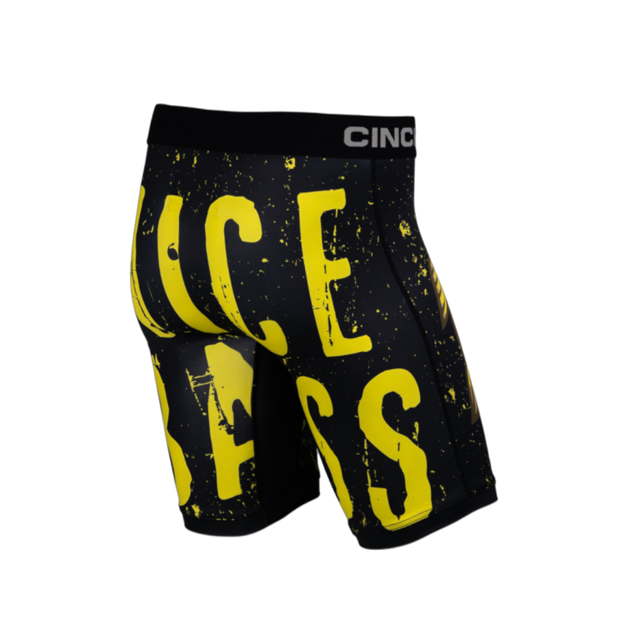 Side view of men's Cinch underwear with a black waistband, featuring the words "Nice Bass" in yellow font