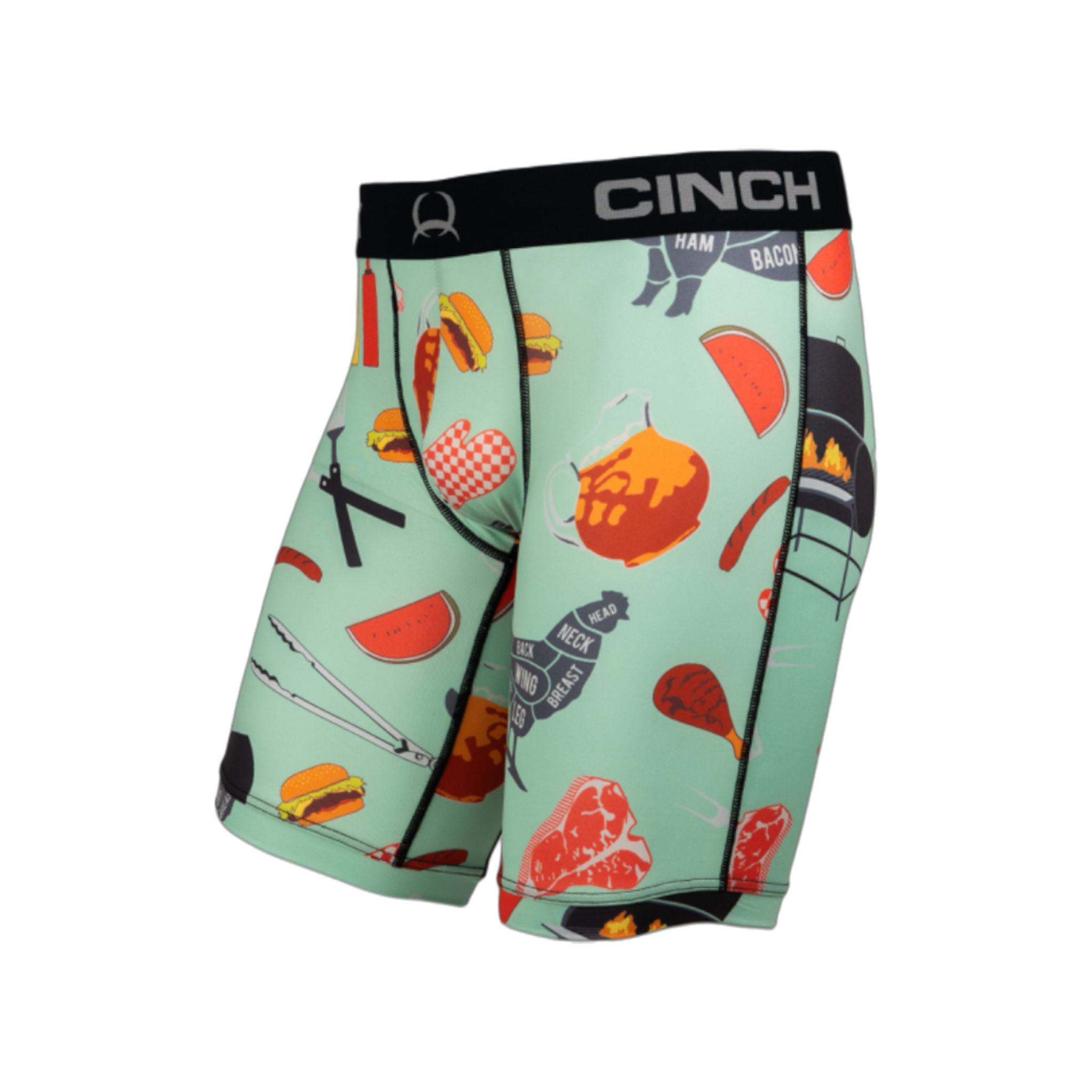 Front view of men's Cinch underwear with a black waistband, featuring an all-over 'BBQing' pattern