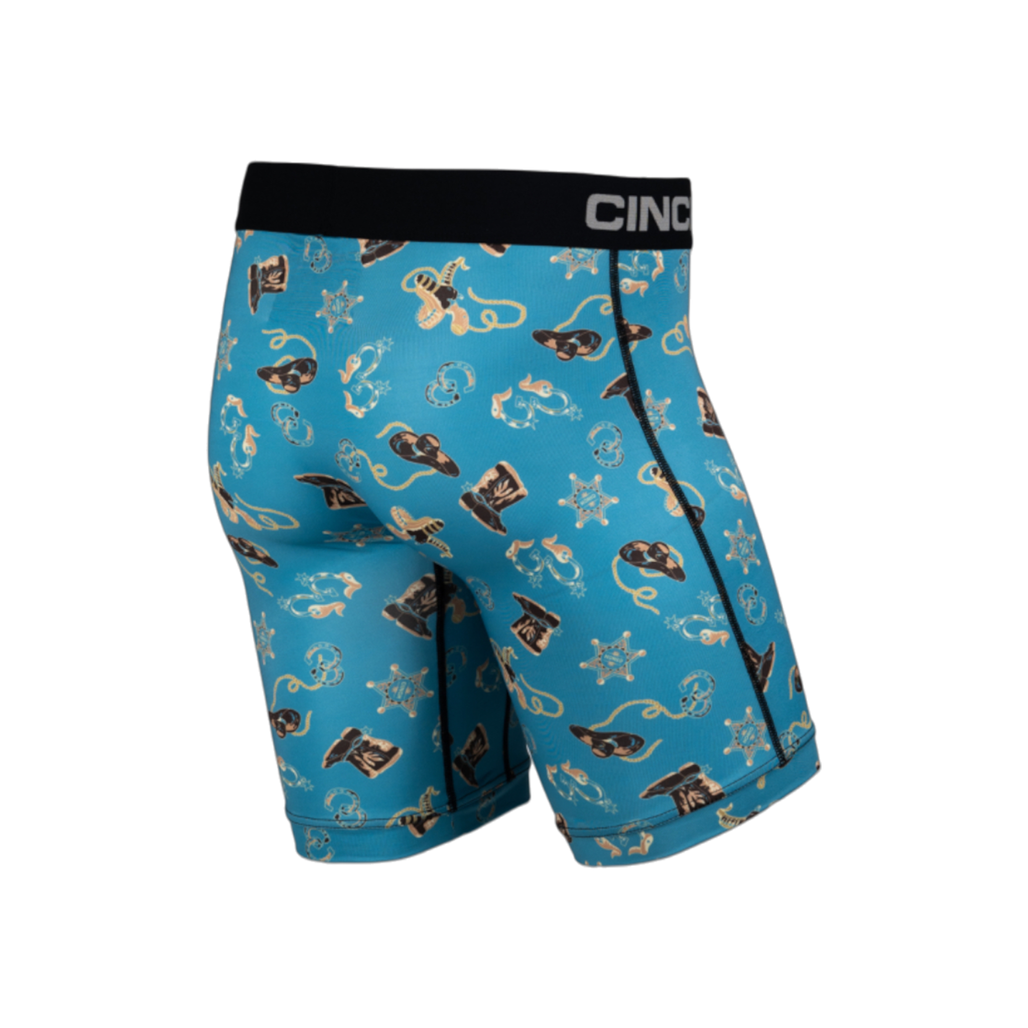 Back view of men's Cinch underwear with a black waistband, featuring an all-over 'sheriff' pattern