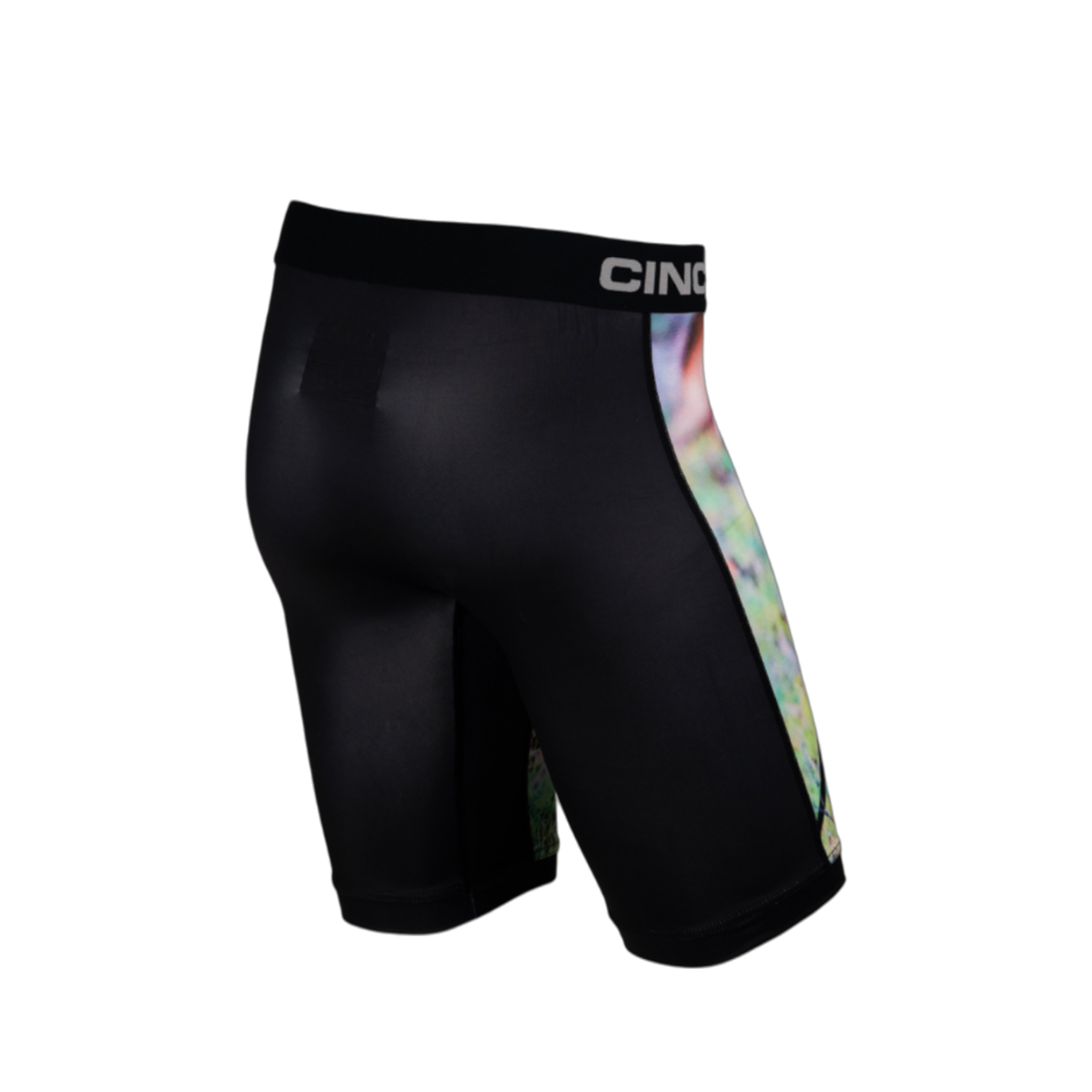 Side view of men's Cinch underwear with a black waistband, featuring a picture of a rooster on the front, and a plain black back