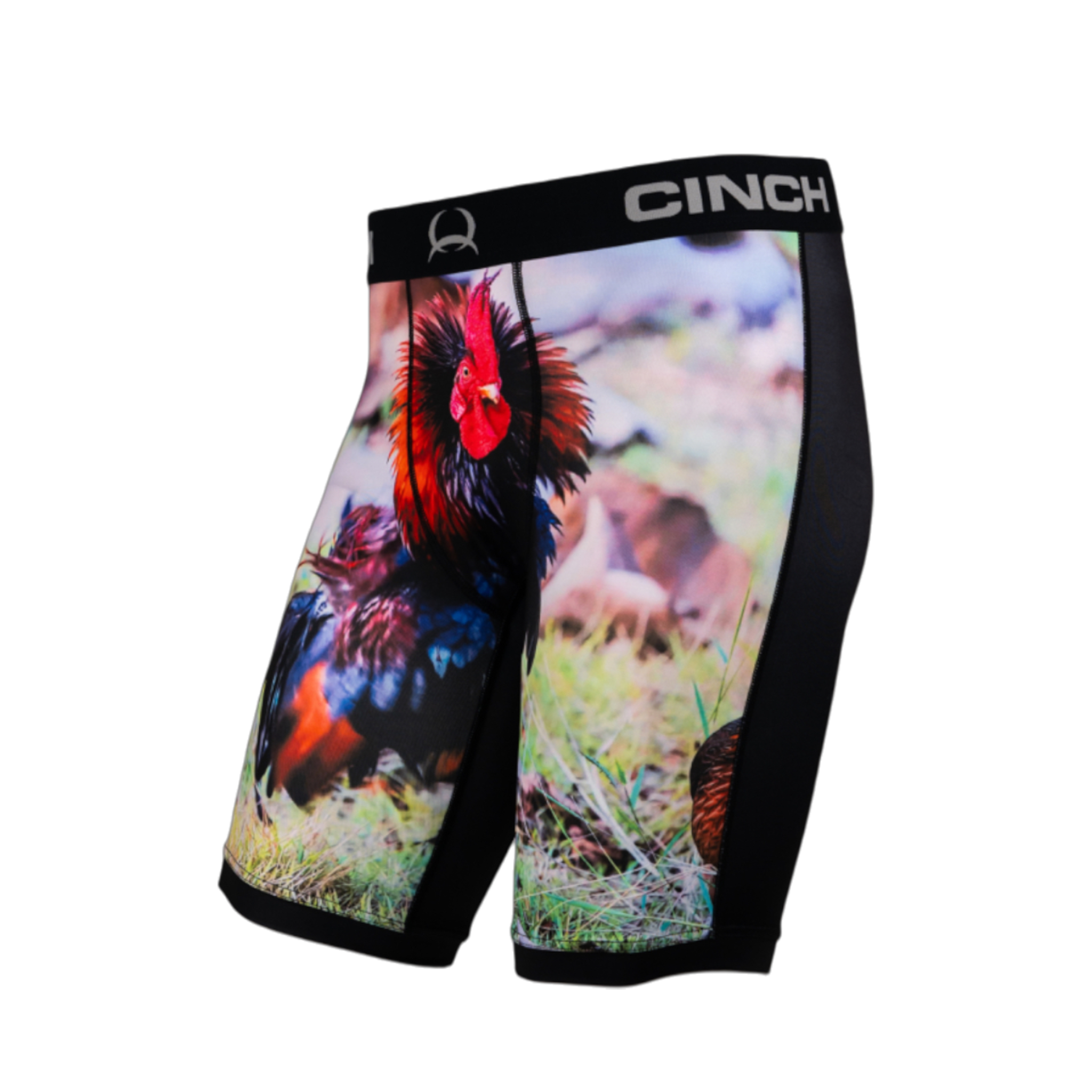 Side view of men's Cinch underwear with a black waistband, featuring a picture of a rooster