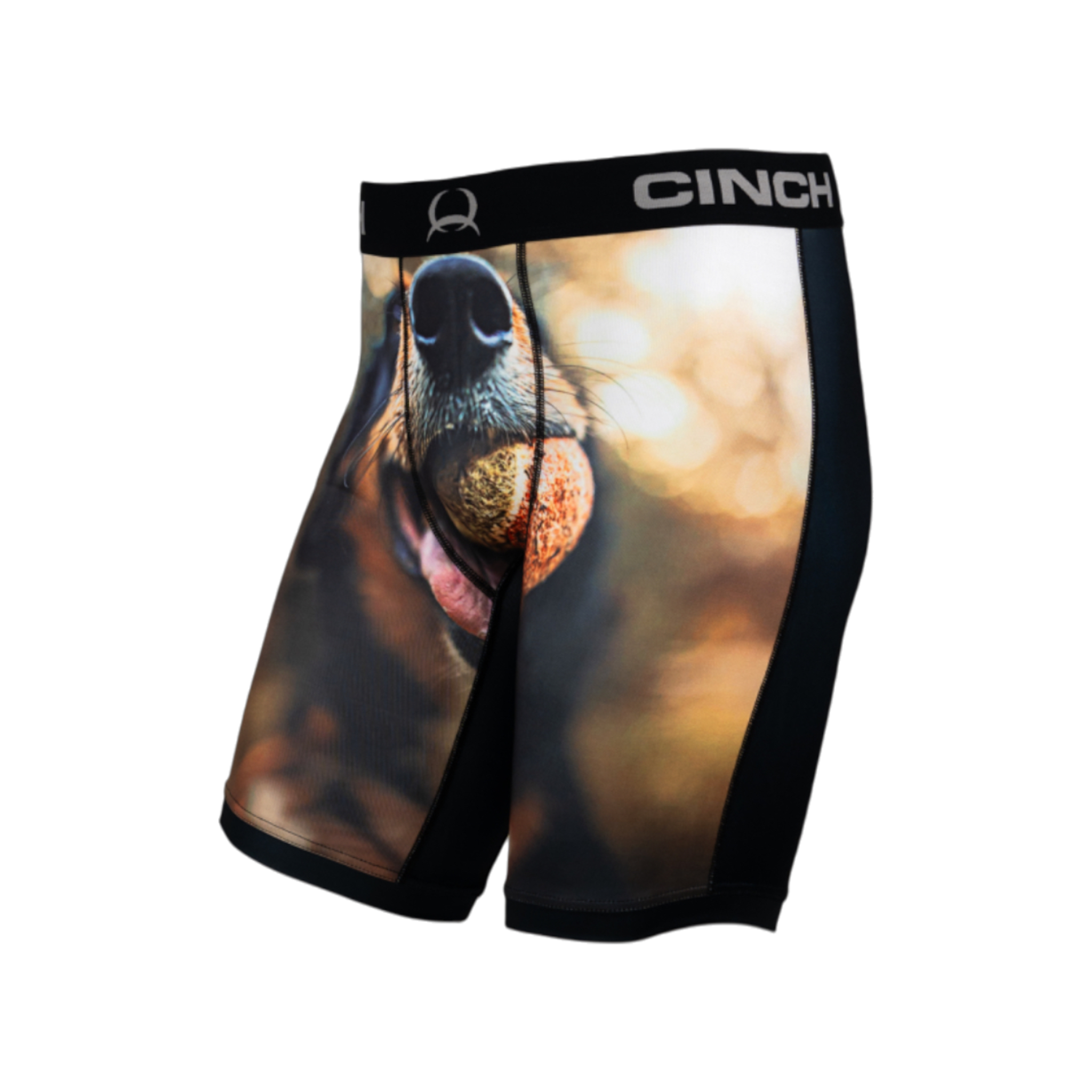 Side view of men's Cinch underwear with a black waistband, featuring a picture of a dog with a tennis ball in it's mouth
