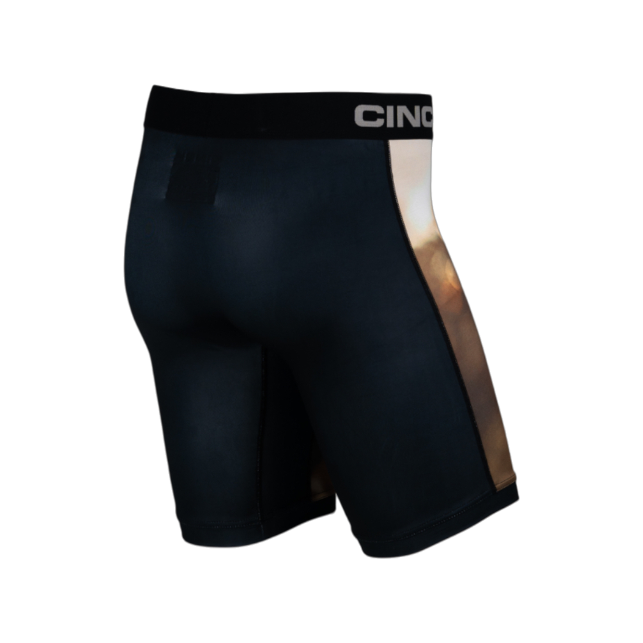 Side view of men's Cinch underwear with a black waistband, featuring a picture of a dog with a tennis ball in it's mouth on the front, and a plain black back