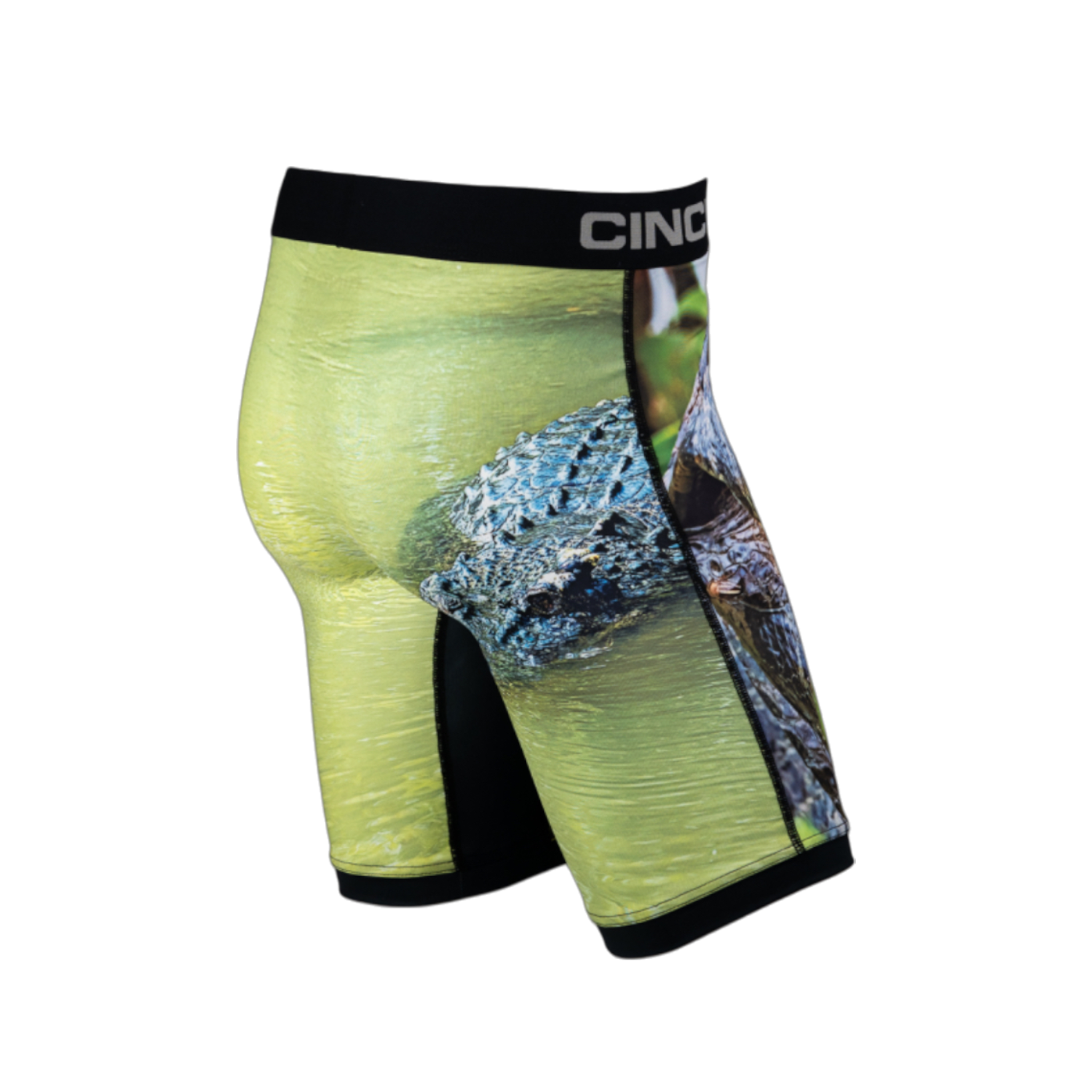 Side/back view of men's Cinch underwear with a black waistband, featuring a picture of a crocodile on the front, and another crocodile swimming in green water on the back