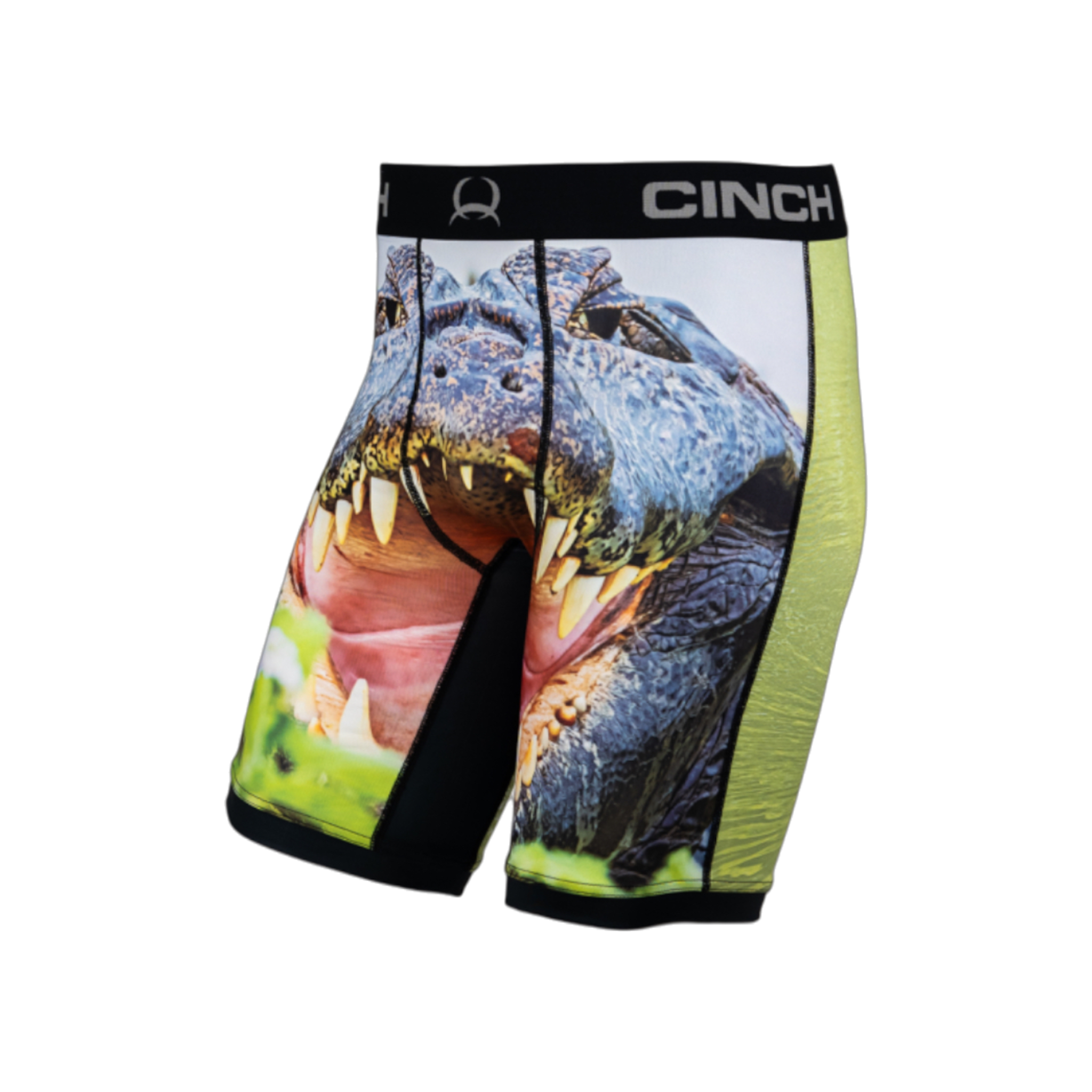 Side view of men's Cinch underwear with a black waistband, featuring a picture of a crocodile