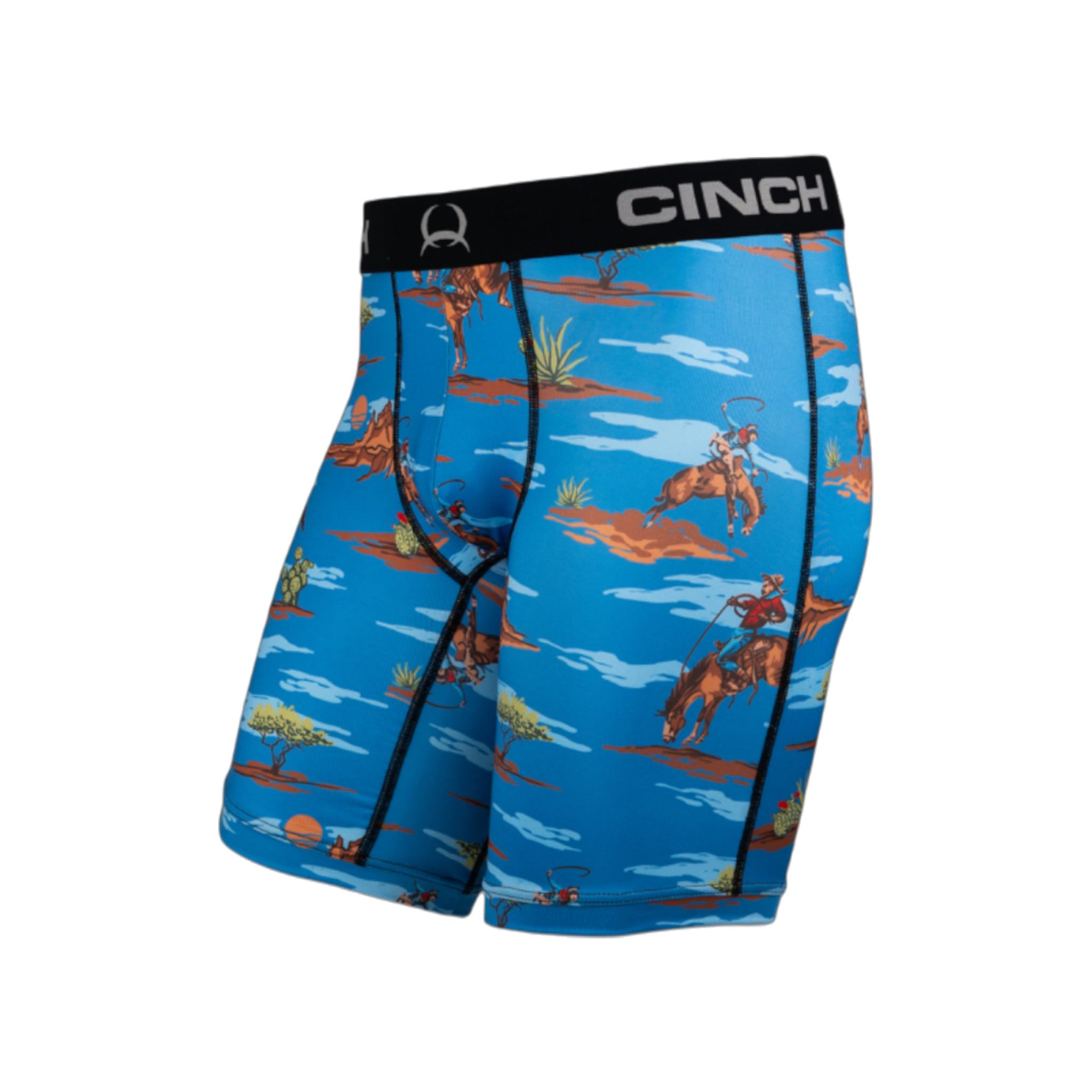 Front view of men's Cinch underwear with a black waistband, featuring an all-over 'bucking bronco in the desert' pattern