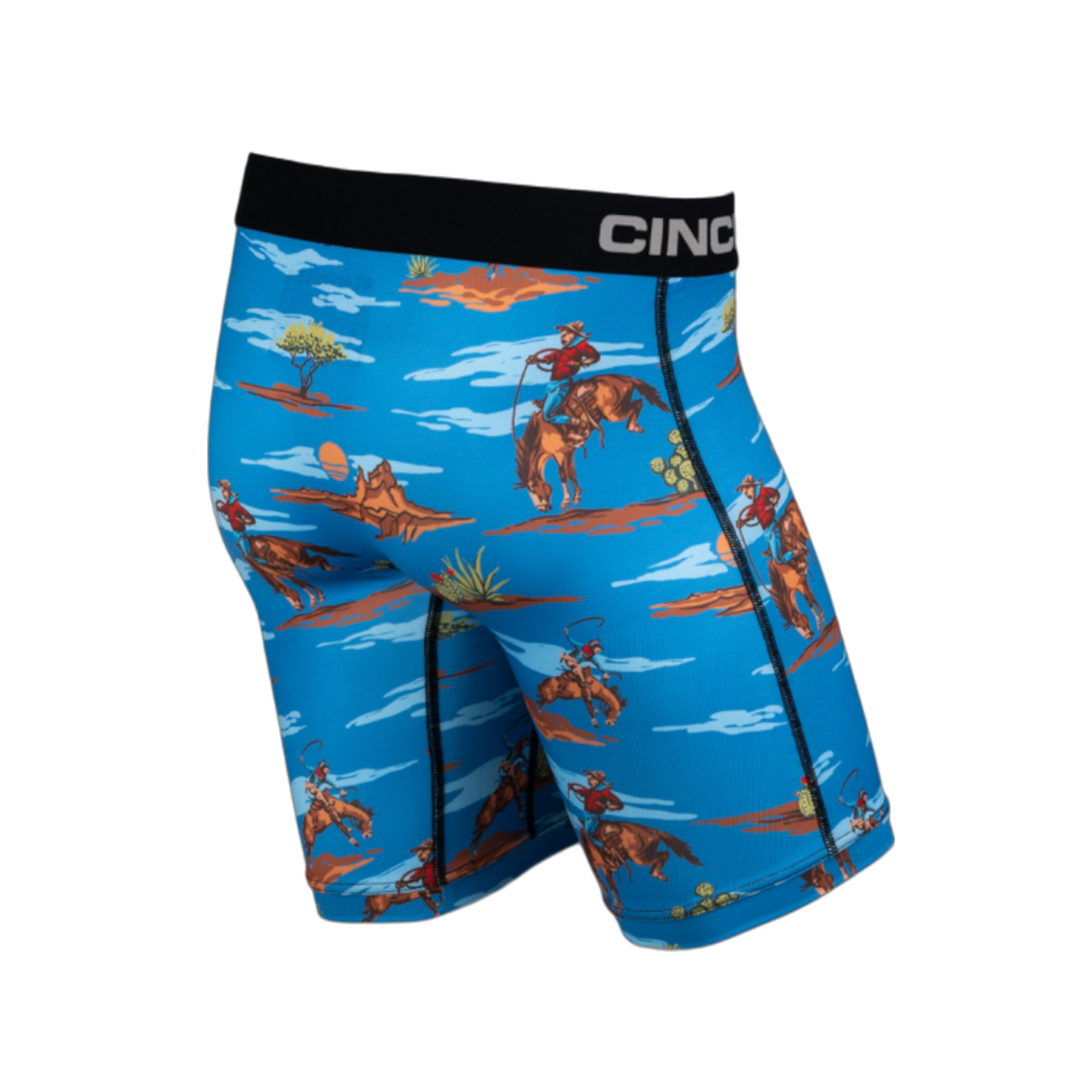 Back view of men's Cinch underwear with a black waistband, featuring an all-over 'bucking bronco in the desert' pattern