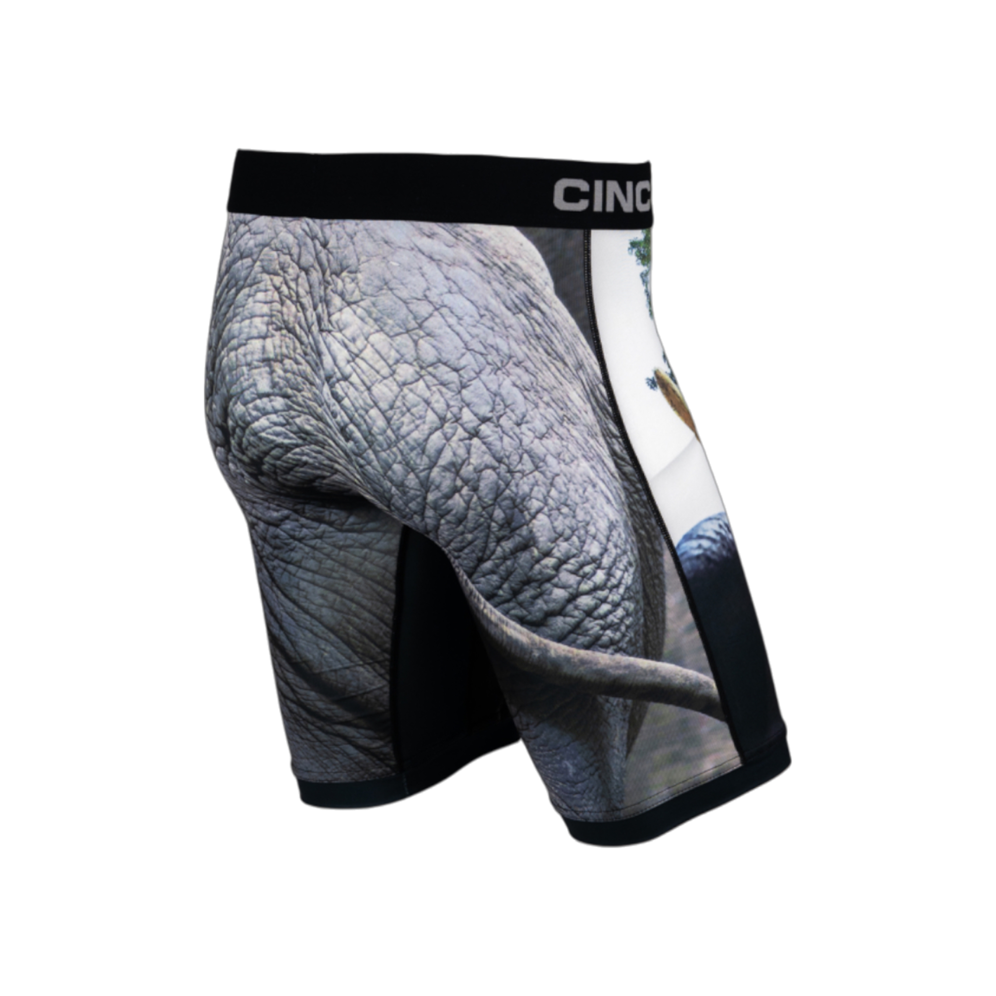 Back view of men's Cinch underwear with a black waistband, featuring a picture of an elephant's behind