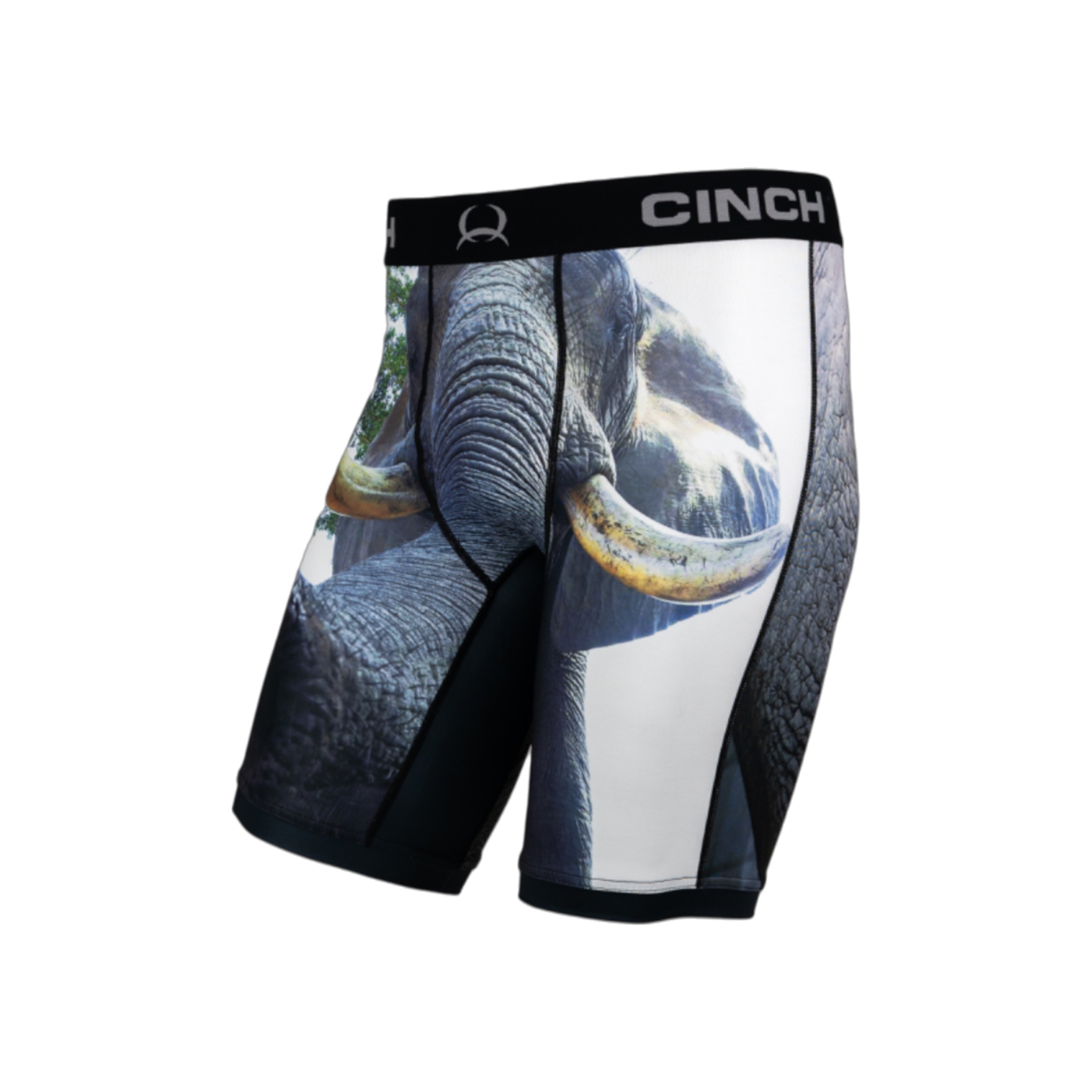 Side view of men's Cinch underwear with a black waistband, featuring a picture of an elephant