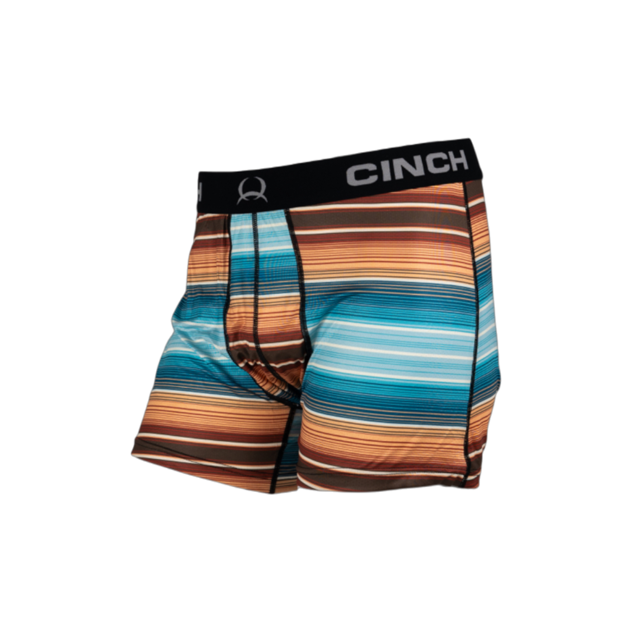 Side view of men's Cinch multi-colored, striped, underwear with a black waistband with the 'Cinch' logo across it