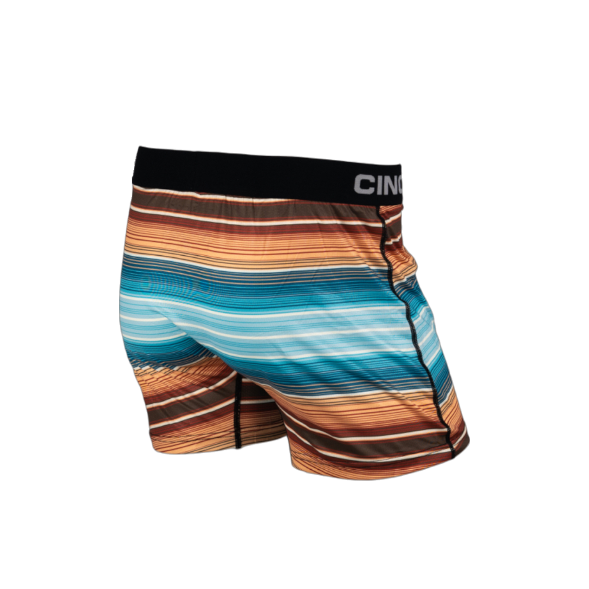Back view of men's Cinch multi-colored, striped, underwear with a black waistband