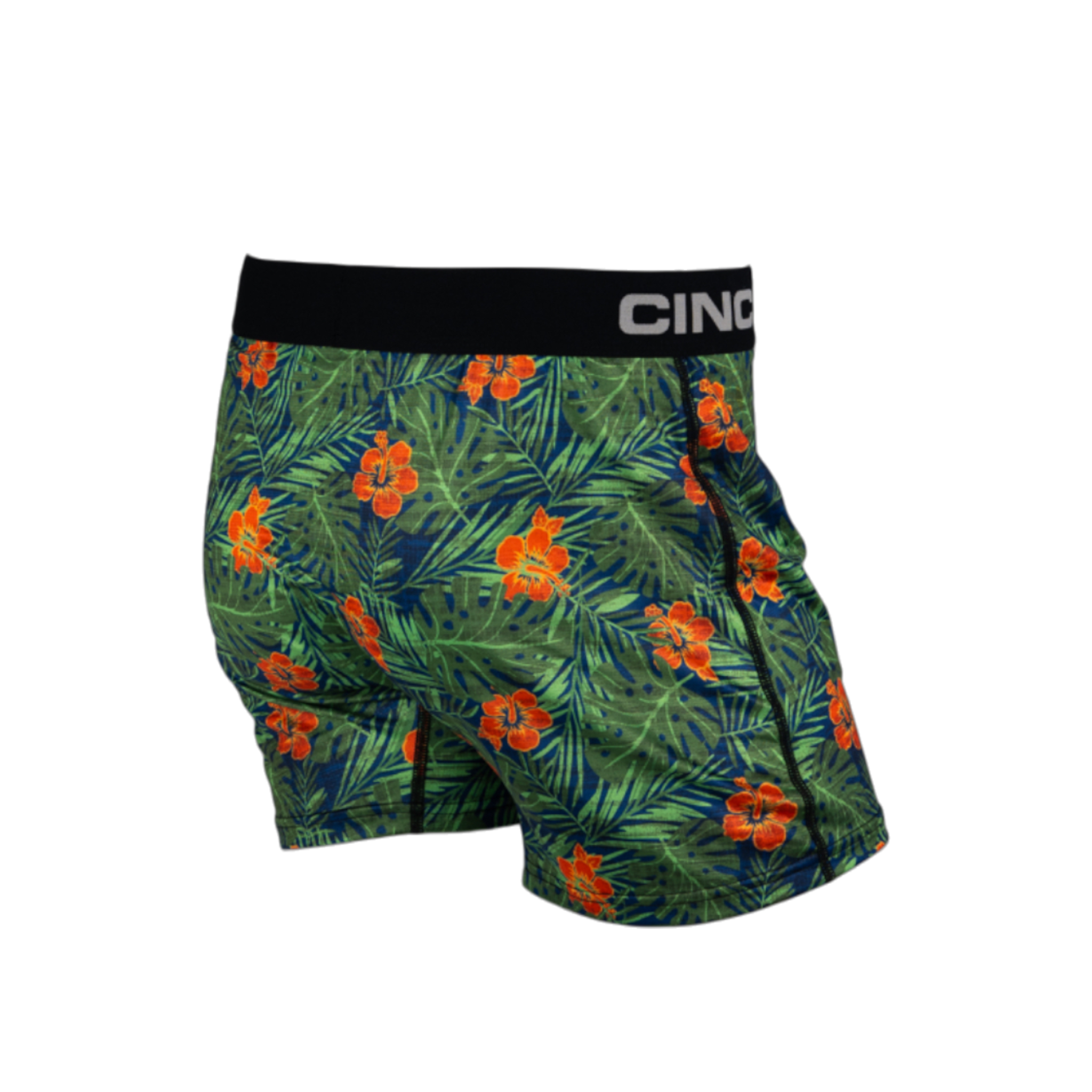 Back view of men's Cinch tropical underwear with a black waistband and a pattern featuring Hawaiian flowers and leaves