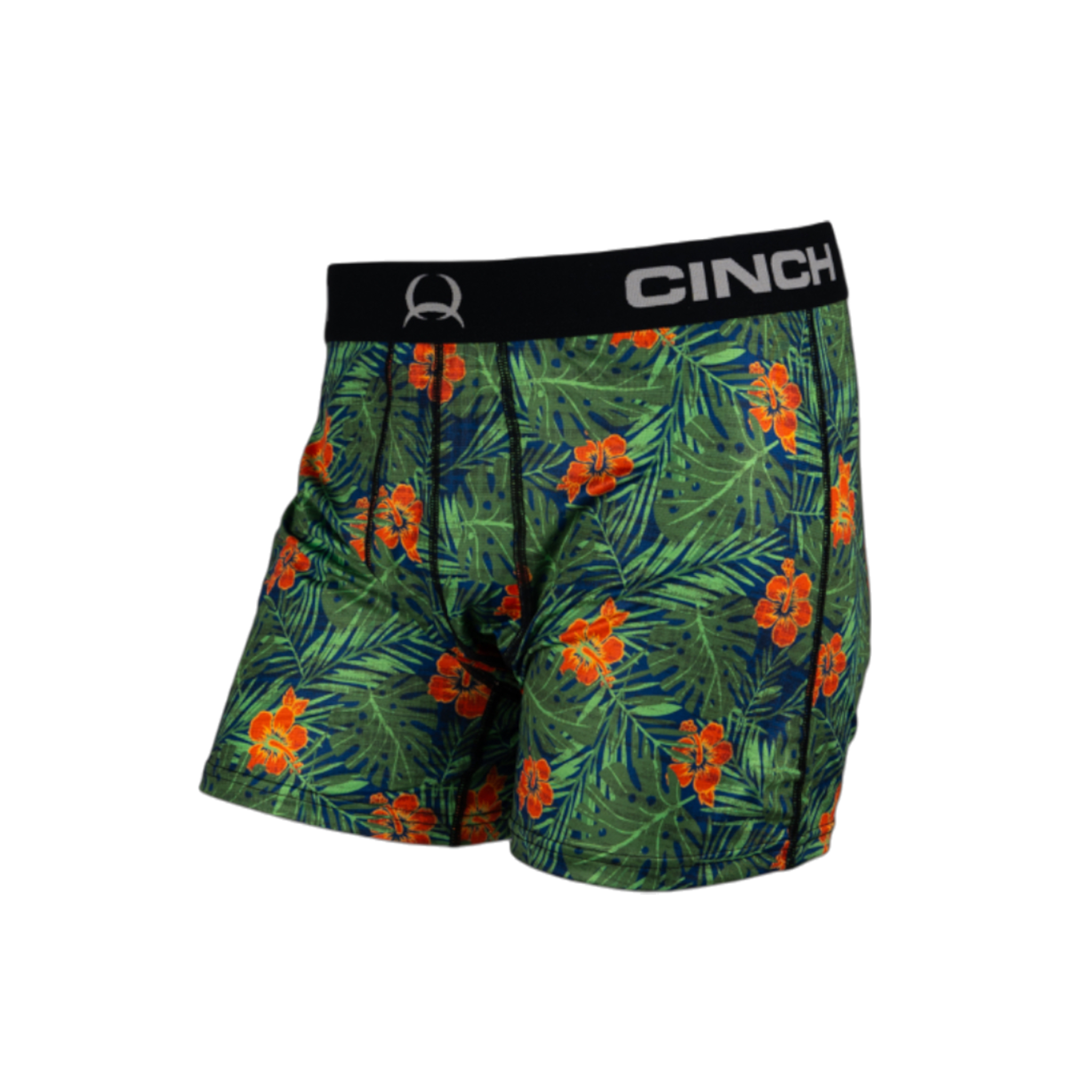 Side view of men's Cinch tropical underwear with a black waistband and a pattern featuring Hawaiian flowers and leaves