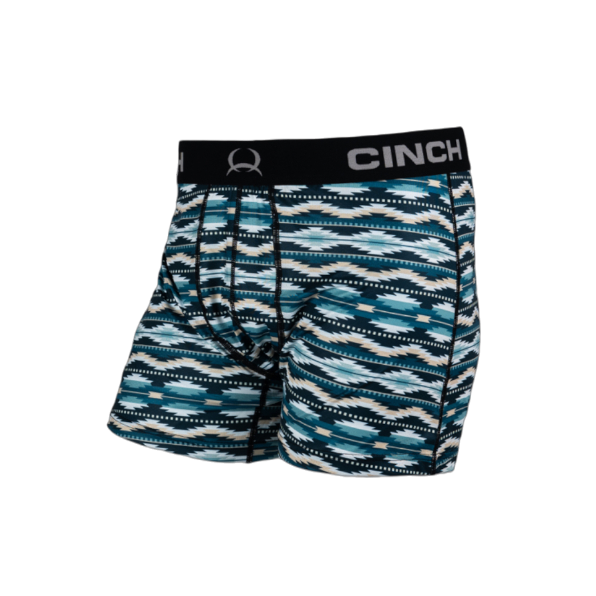 Side view of men's Cinch, teal, striped underwear with a black waistband and an Aztec print