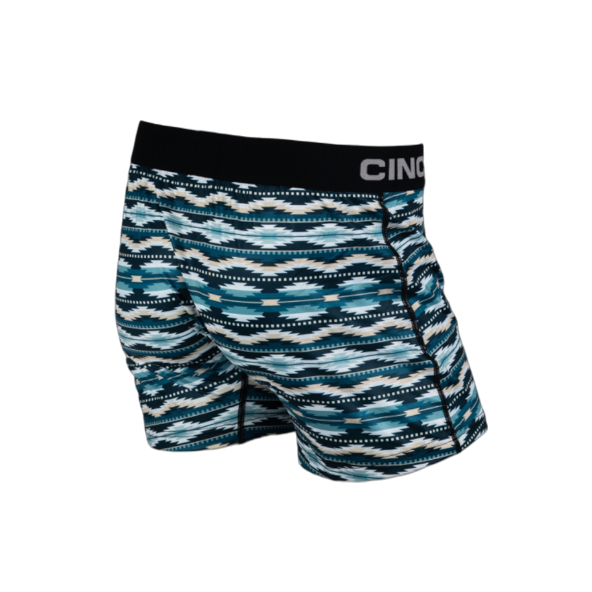 Back view of men's Cinch, teal, striped underwear with a black waistband and an Aztec print