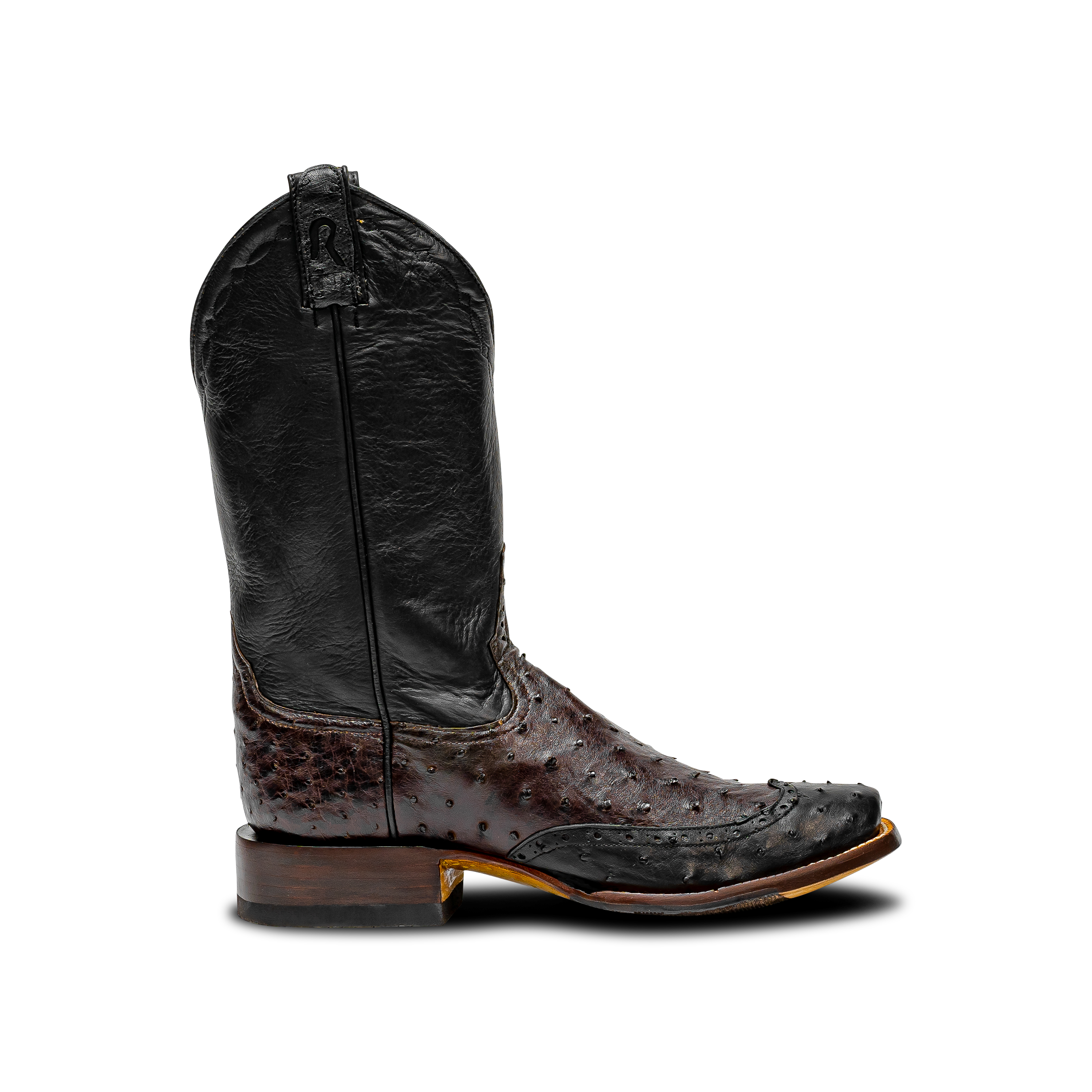 Rod Patrick NICOTINE FULL QUILL OSTRICH with 3/4 BLACK FQ WINGTIP (D)