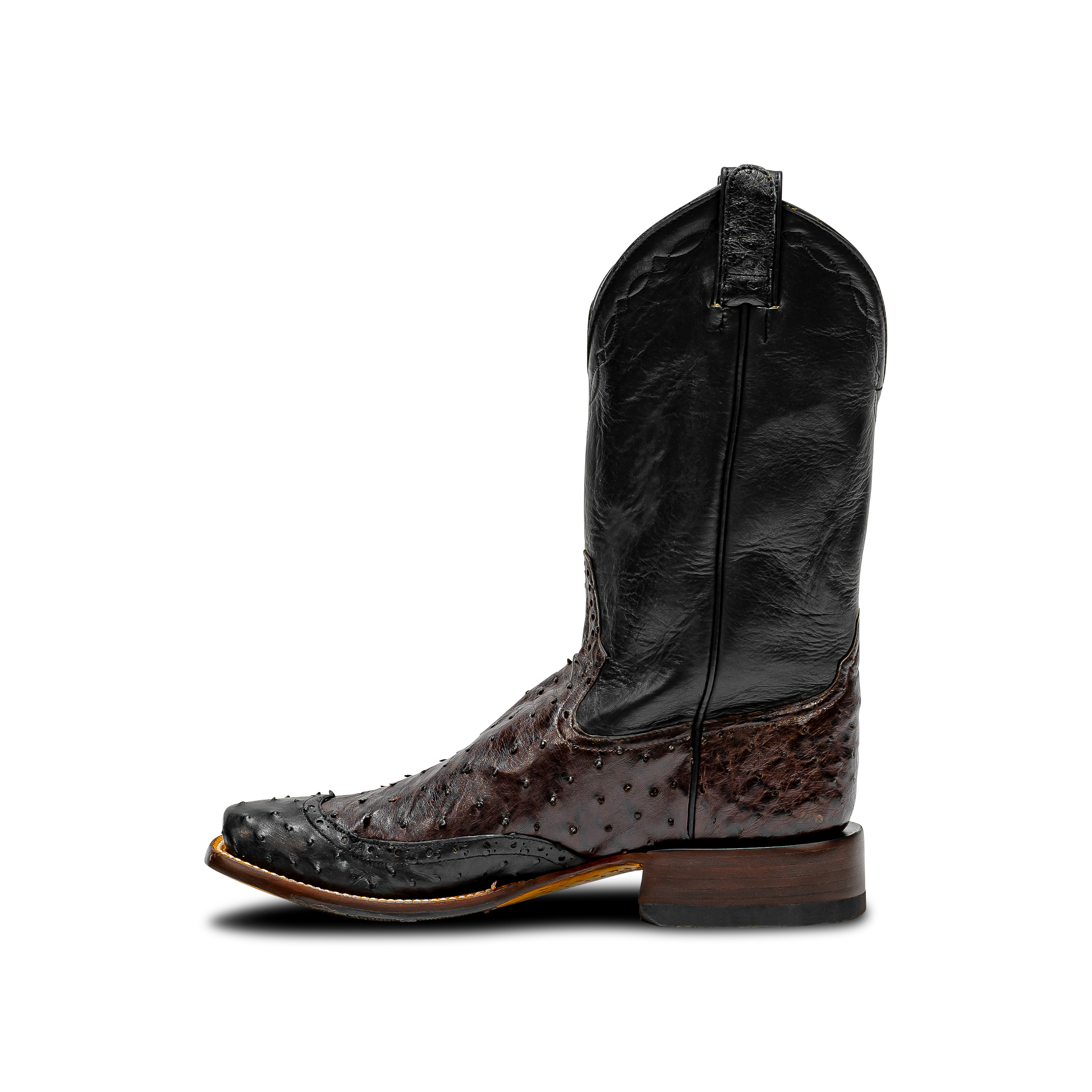 Rod Patrick NICOTINE FULL QUILL OSTRICH with 3/4 BLACK FQ WINGTIP (D)