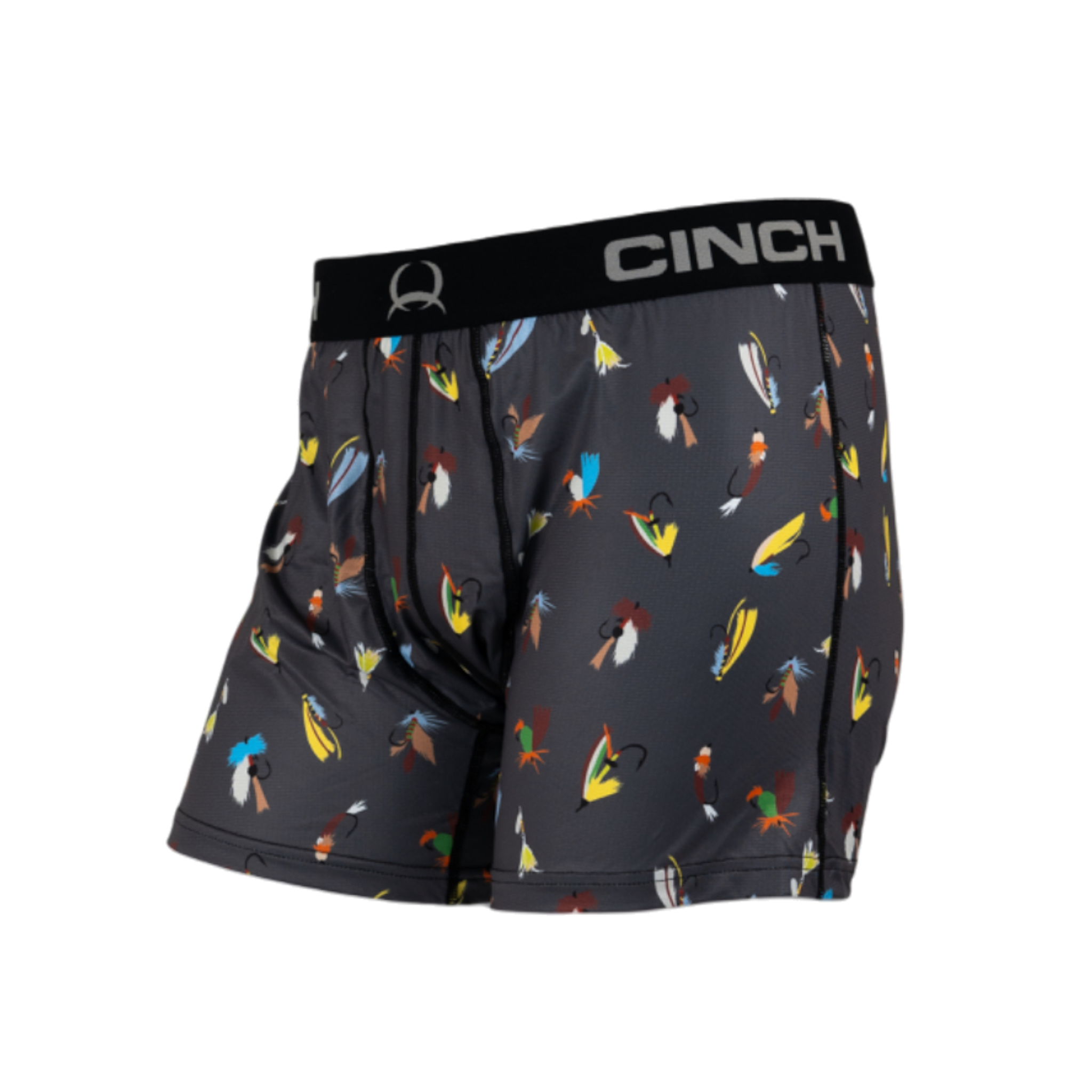 Side view of men's Cinch gray underwear with a black waistband and an all-over fly pattern