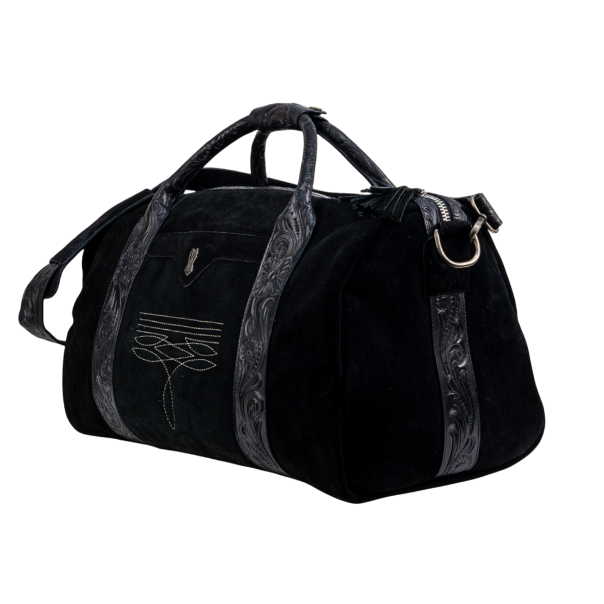 Black suede duffel bag on a transparent background